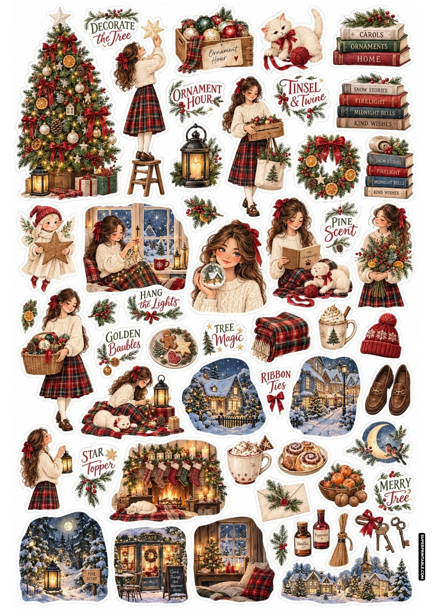 Festive Christmas tree trimming stickers with golden star toppers, handmade ornaments, and cozy holiday ribbons.