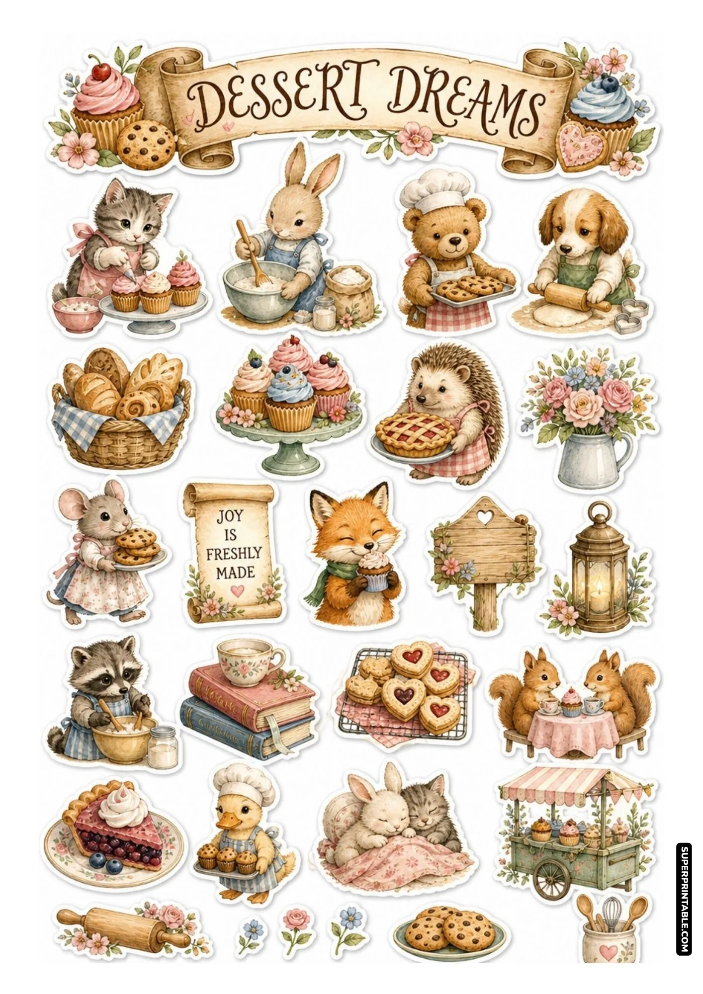 Whimsical dessert sticker sheet with cute kitten, puppy, and bear bakers crafting sweet treats.