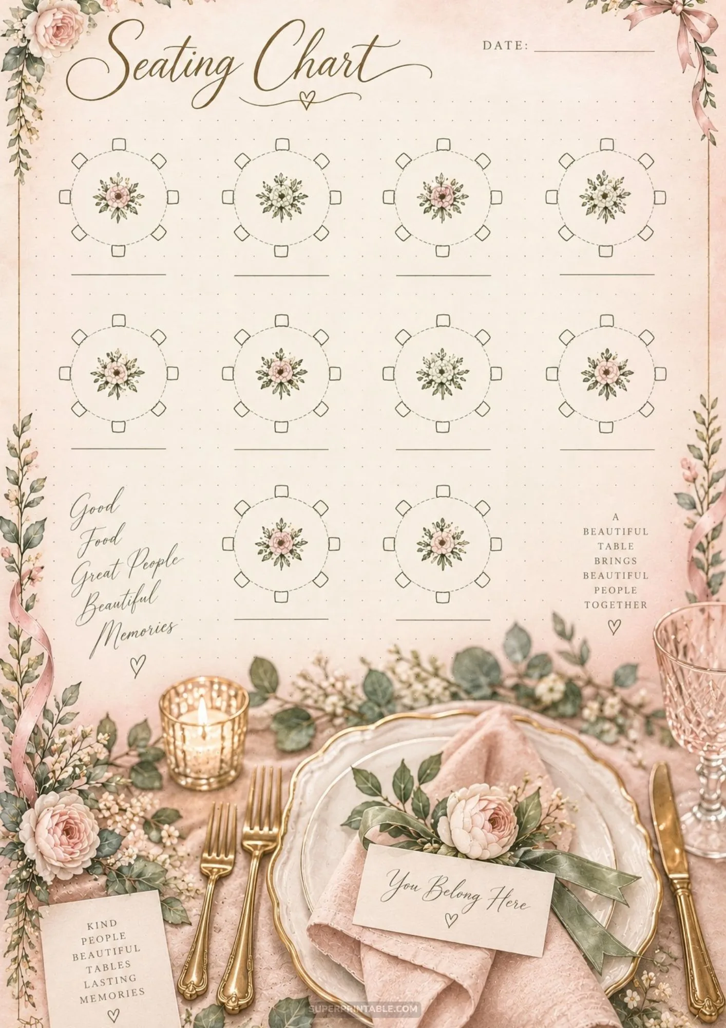 Elegant wedding seating chart poster positioned above a luxury reception table setting with gold flatware