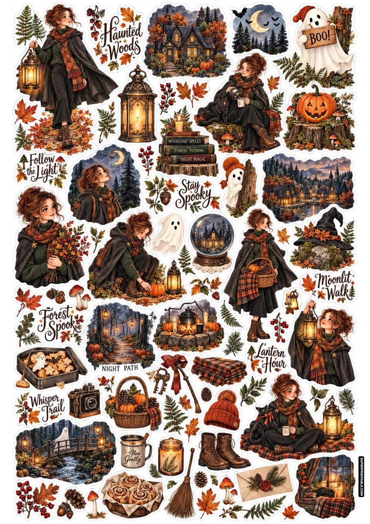 Enchanted haunted forest sticker sheet depicting hooded travelers holding lanterns along misty trails.