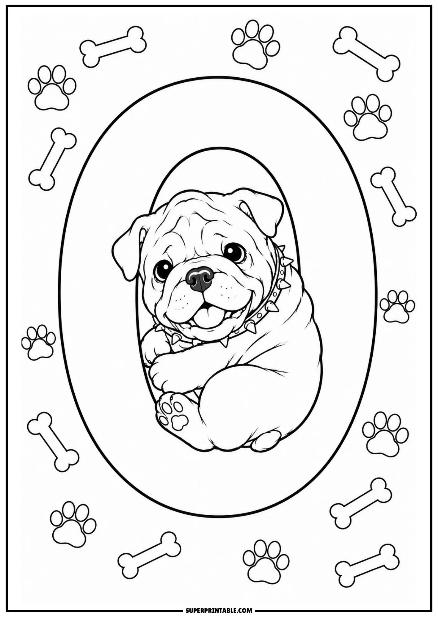 Cute English bulldog puppy curled inside number zero surrounded by dog bones and paw prints.