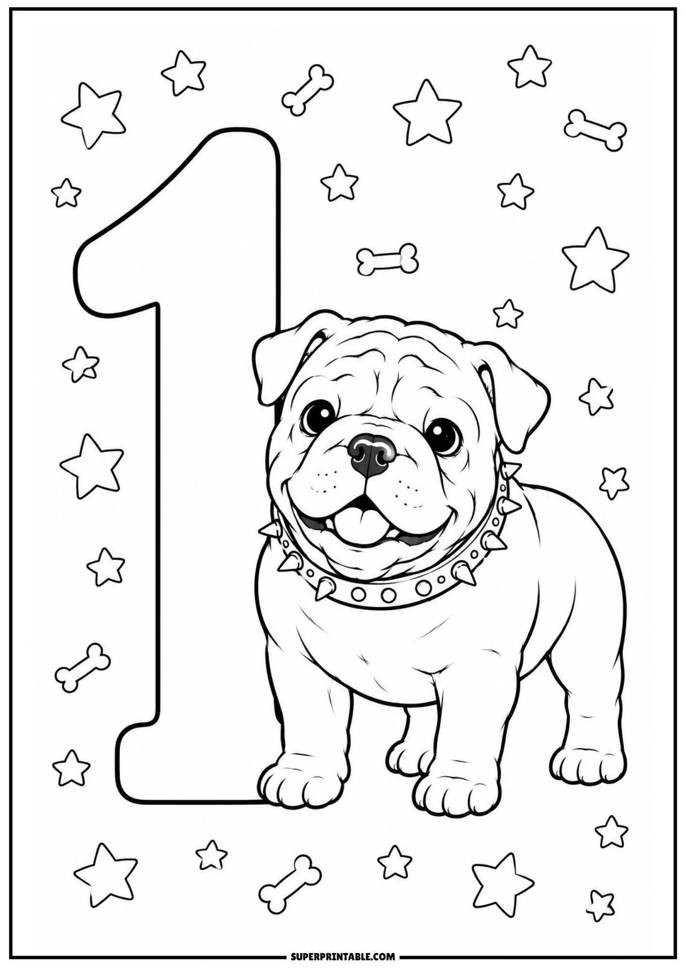 english bulldog numbers coloring pages printable sheet featuring number one and a happy puppy.
