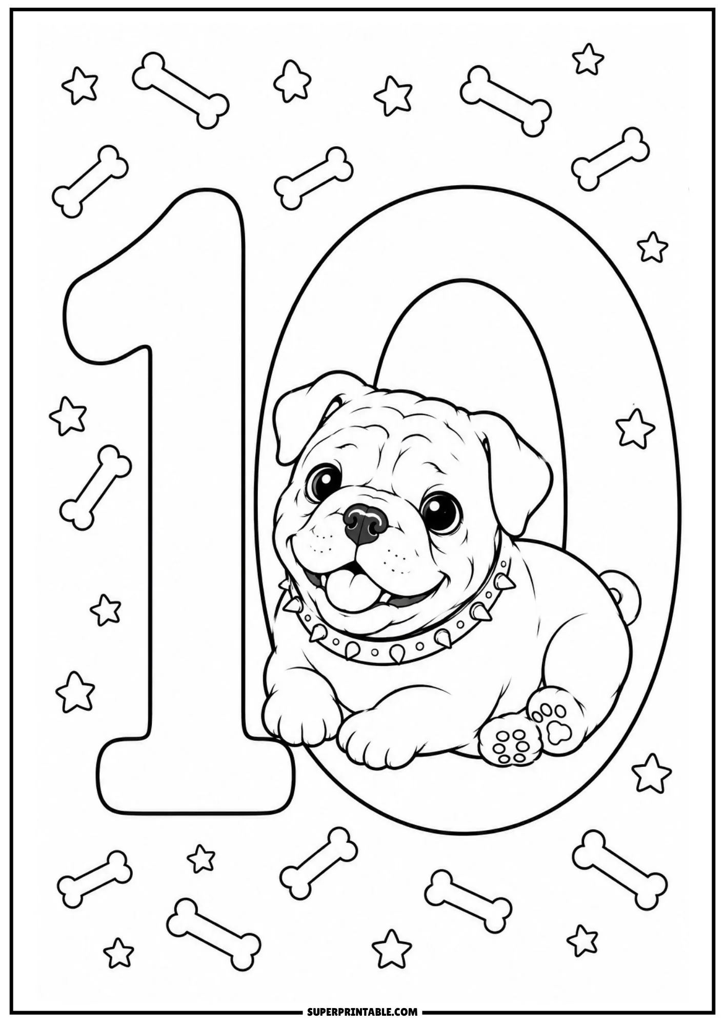 Friendly English bulldog puppy lying inside number ten with floating stars and dog bones around.