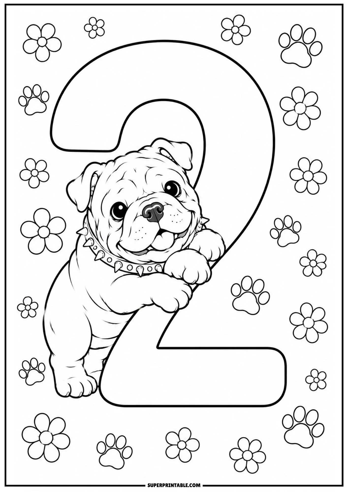 Playful English bulldog puppy peeking over number two surrounded by flowers and paw prints.