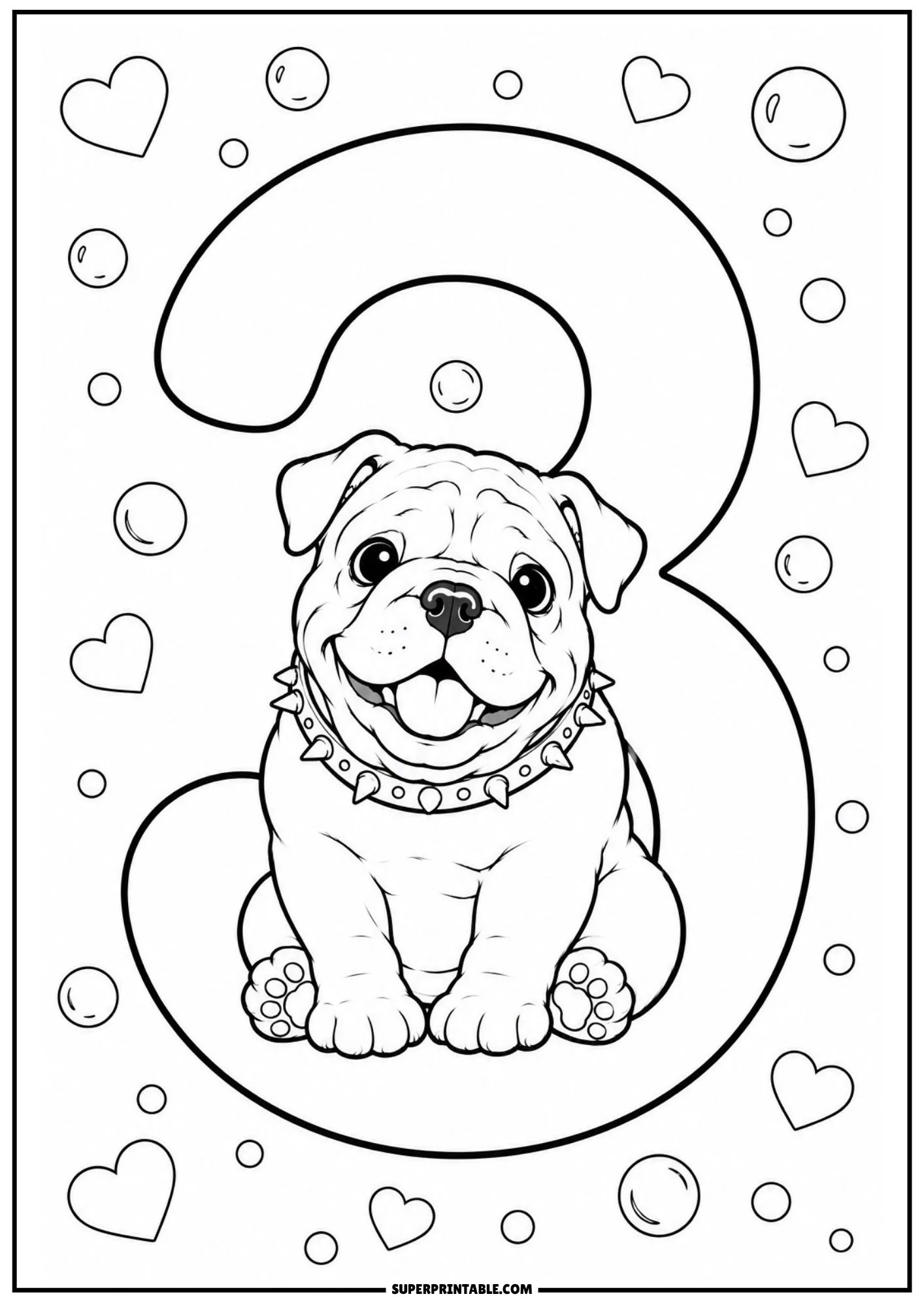 Chubby English bulldog puppy sitting inside number three with floating hearts and bubbles around.