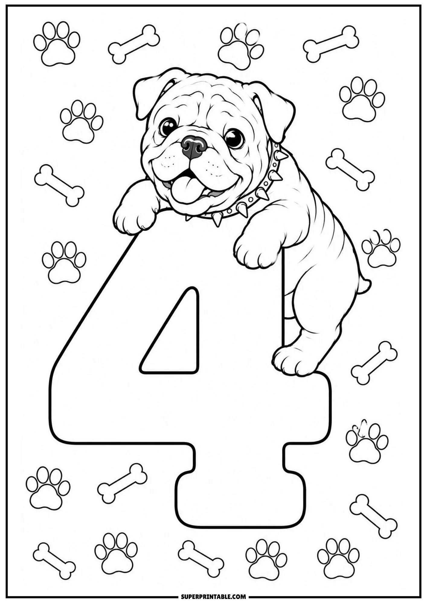 English bulldog puppy climbing on top of number four decorated with floating bones and paw prints.