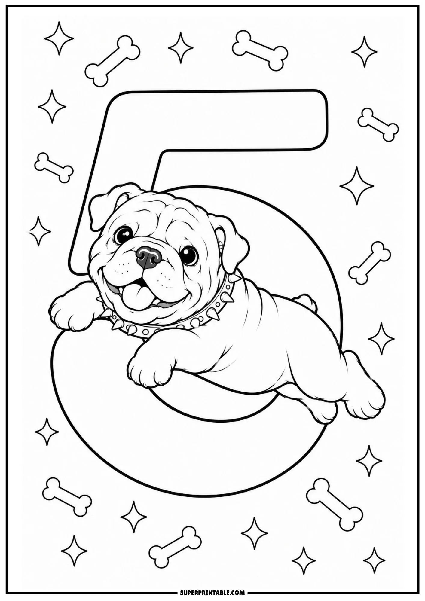 Energetic English bulldog puppy leaping over number five surrounded by sparkles and dog bones.