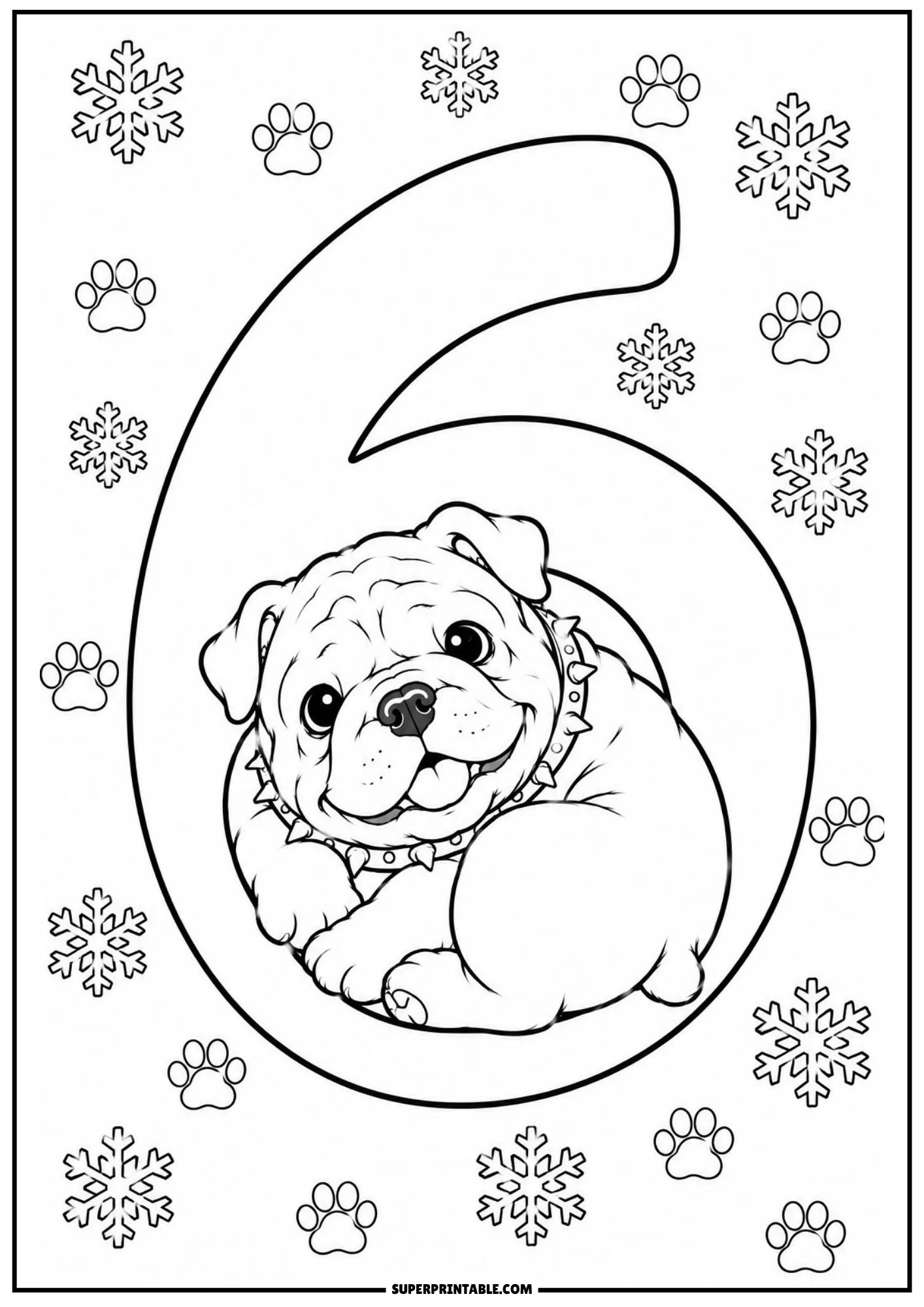 english bulldog numbers coloring pages sheet with cozy puppy inside number six and snowflakes.