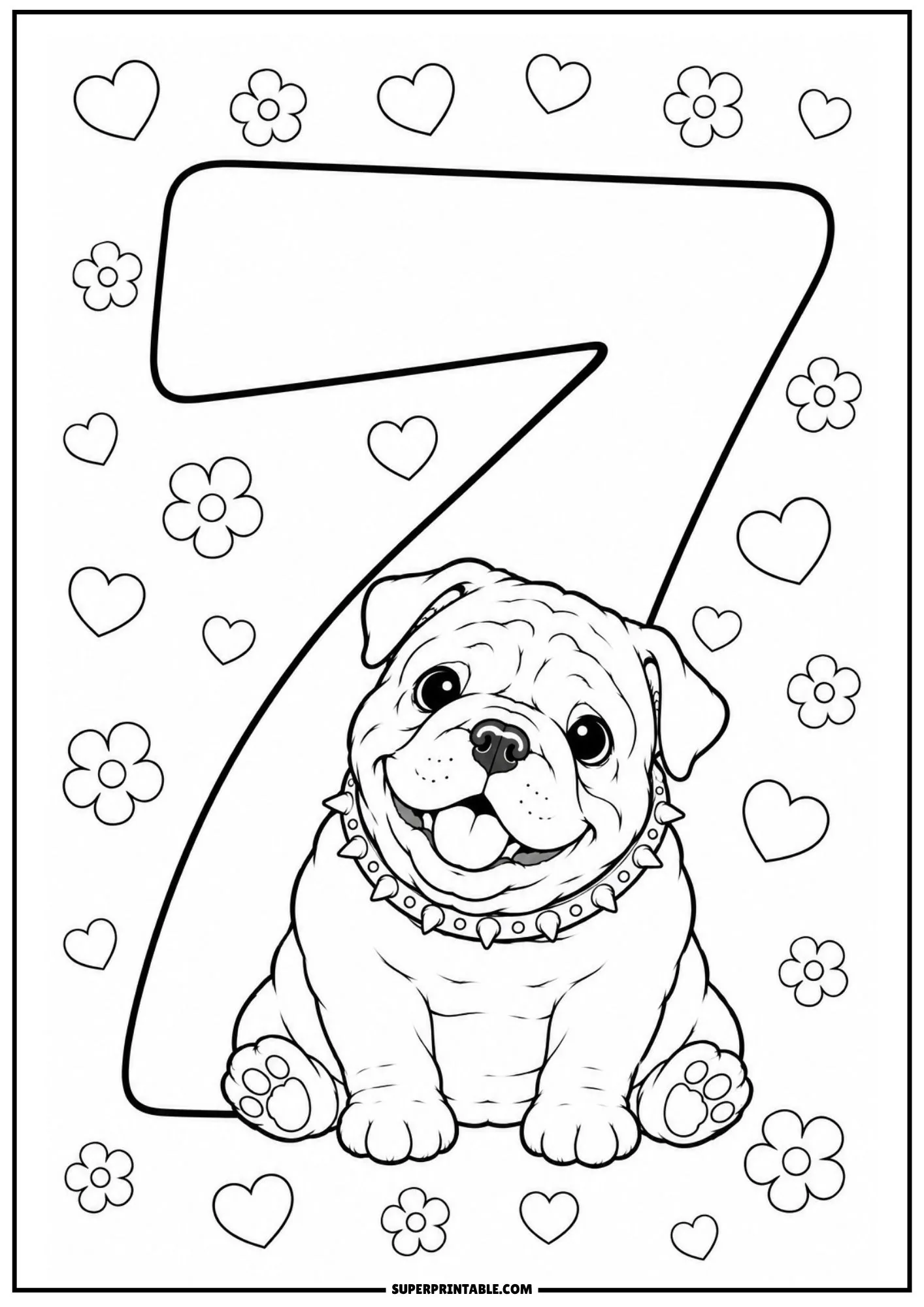 Sweet English bulldog puppy sitting in front of number seven framed by hearts and small flowers.
