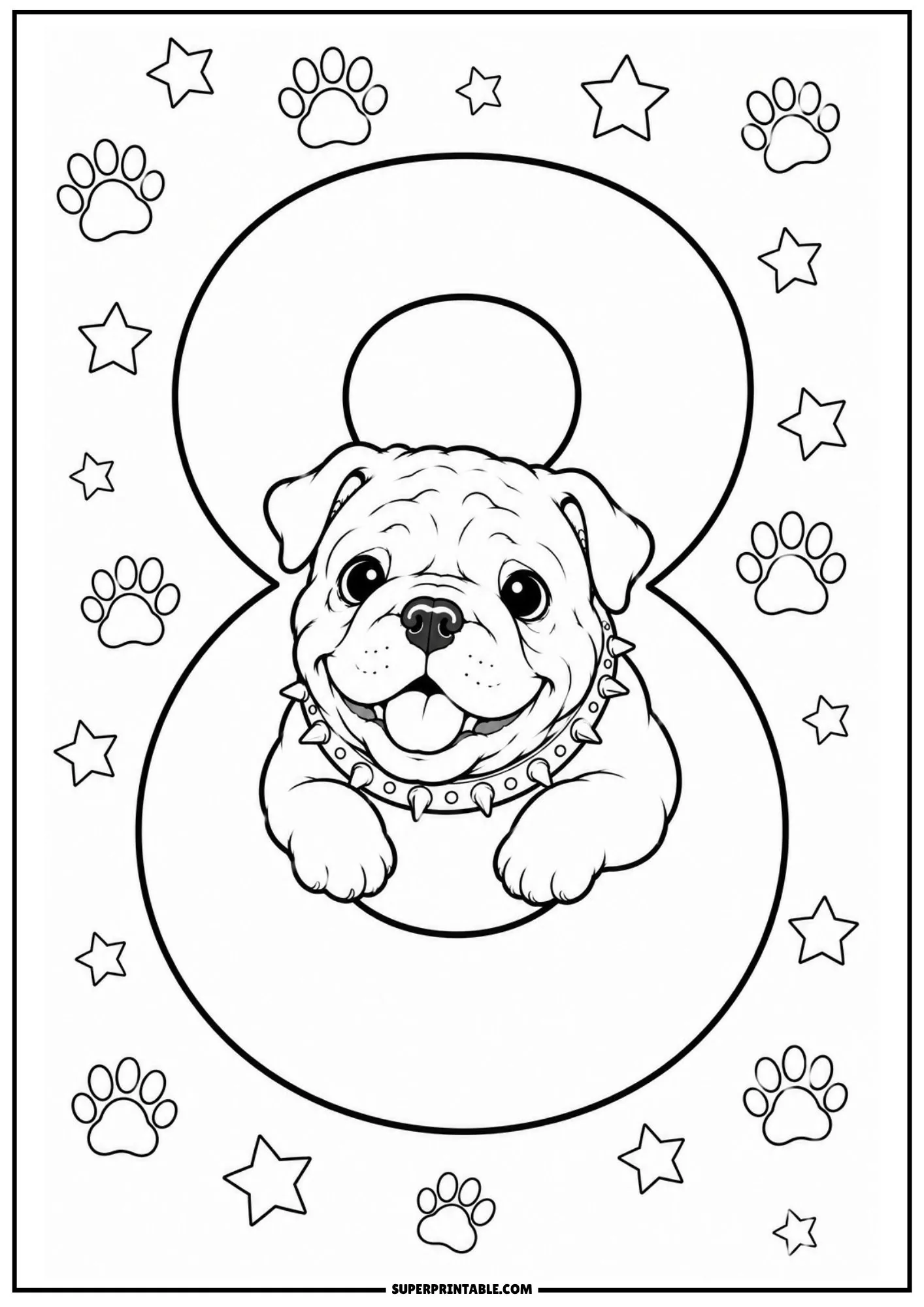Smiling English bulldog puppy poking through number eight surrounded by stars and paw prints.