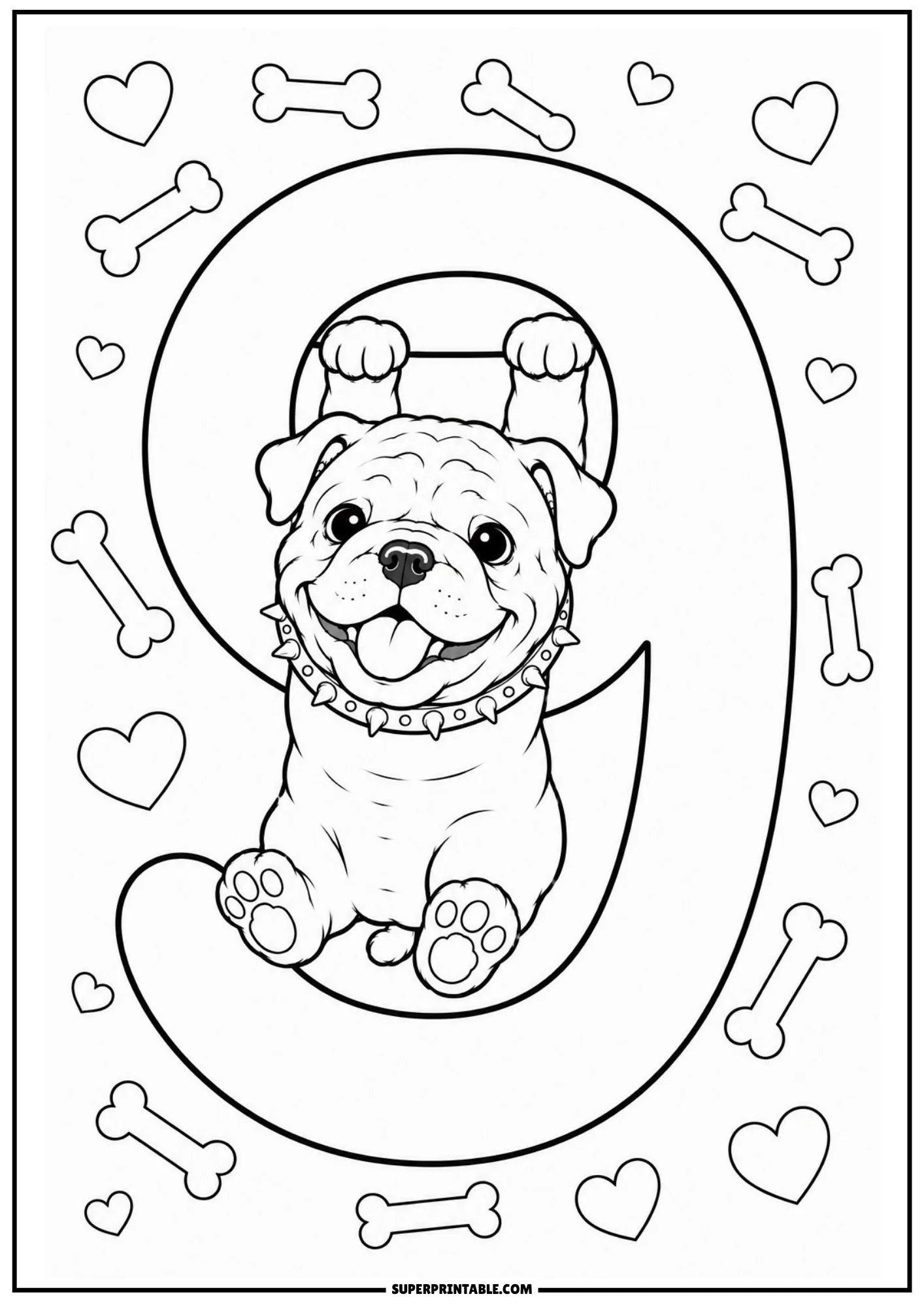 Playful English bulldog puppy hanging inside number nine surrounded by hearts and dog bones.