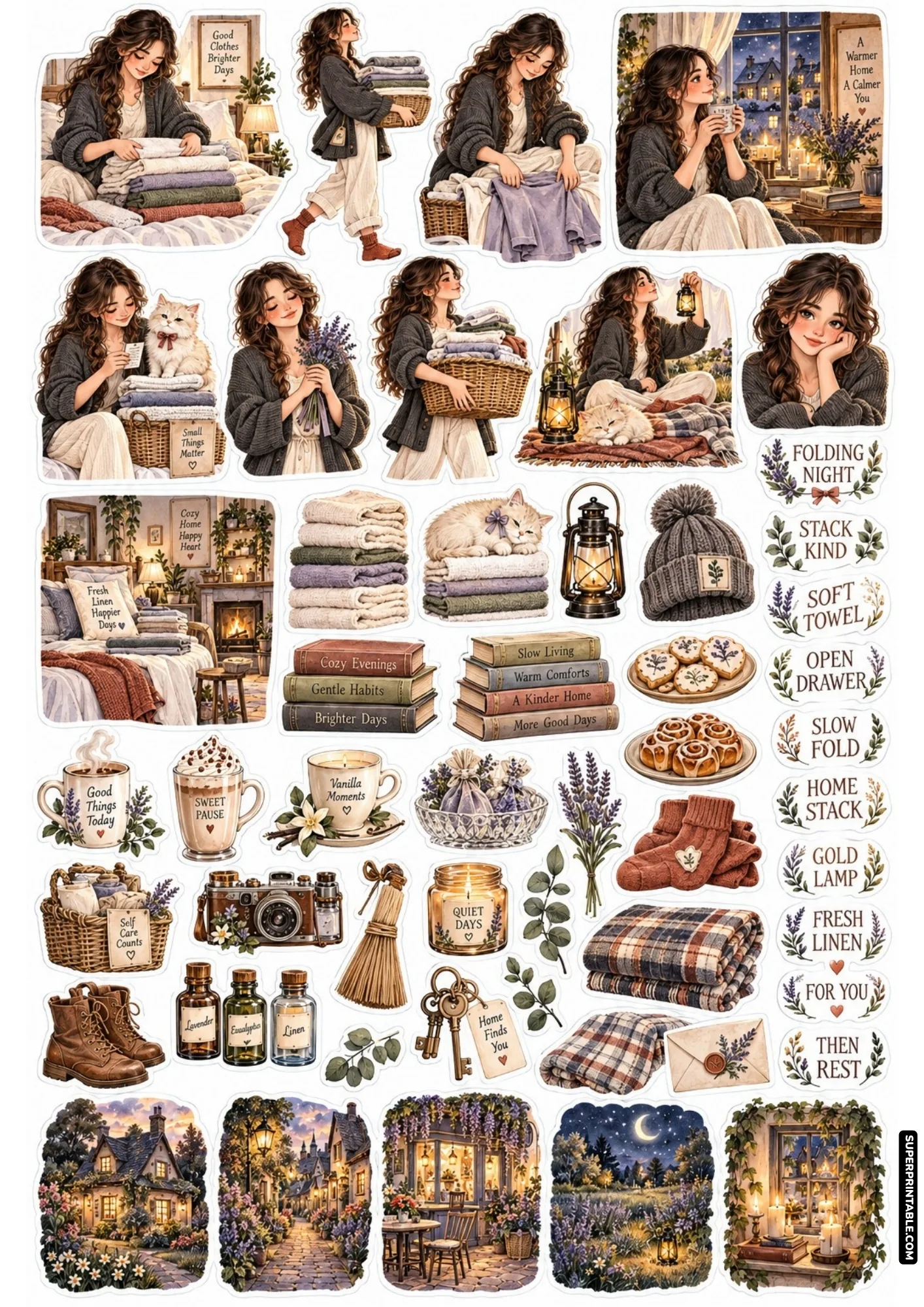 Printable cottagecore stickers of cozy girls folding clean pastel towels, fluffy kittens on bedsheets, and warm candles.