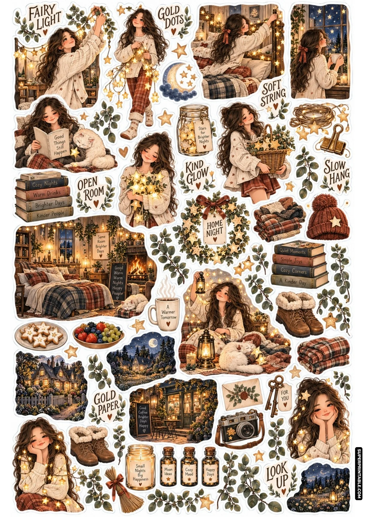 Warm fairy light bedroom stickers showing string lights, glowing glass jars, cozy bed quilts, and sleepy kittens