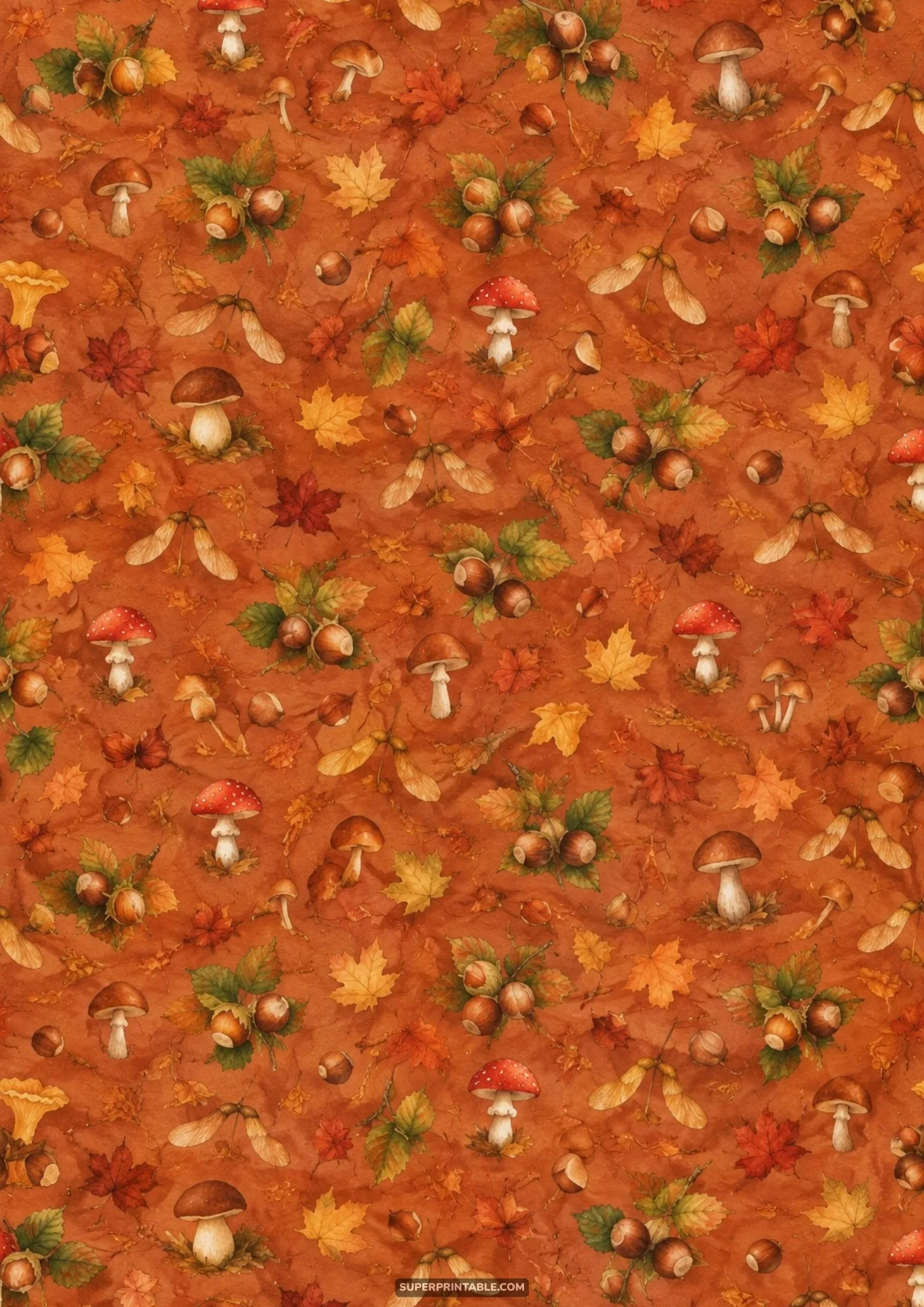 Watercolor woodland pattern with speckled mushrooms, hazelnuts, and maple seeds on terracotta
