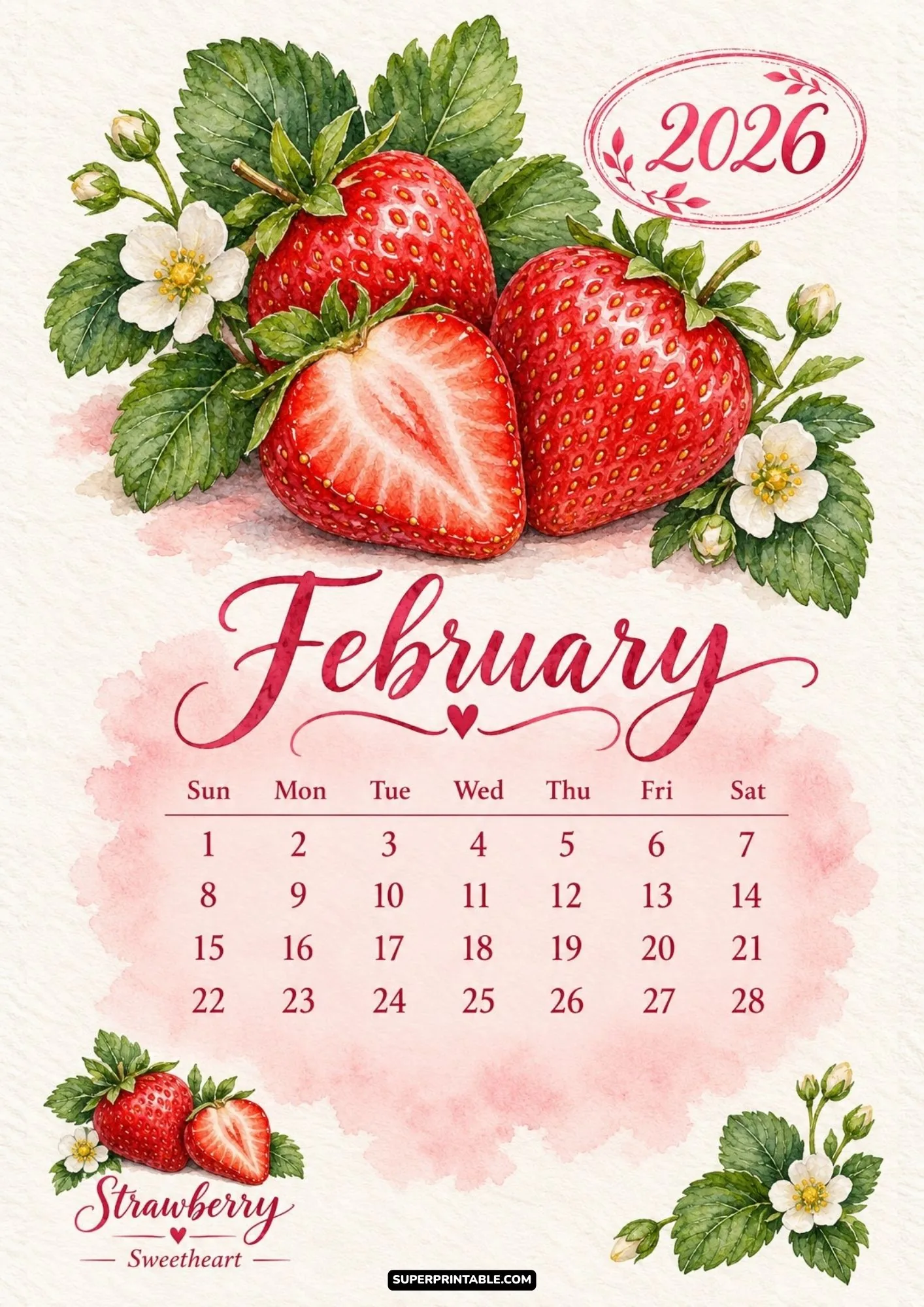 February 2026 monthly calendar sheet with lush watercolor strawberries and delicate white flowers.