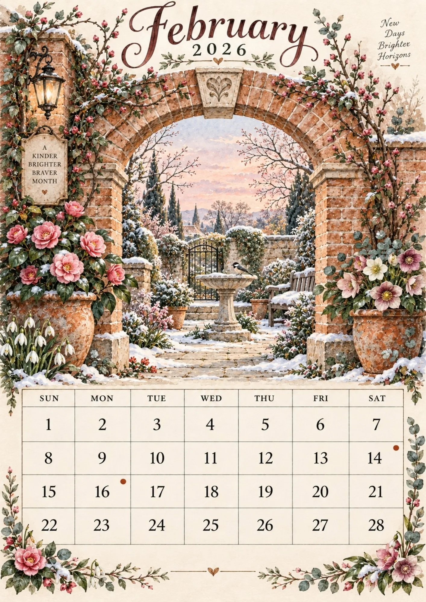 February 2026 monthly calendar page featuring a brick garden archway, pink winter blossoms, and birdbath.