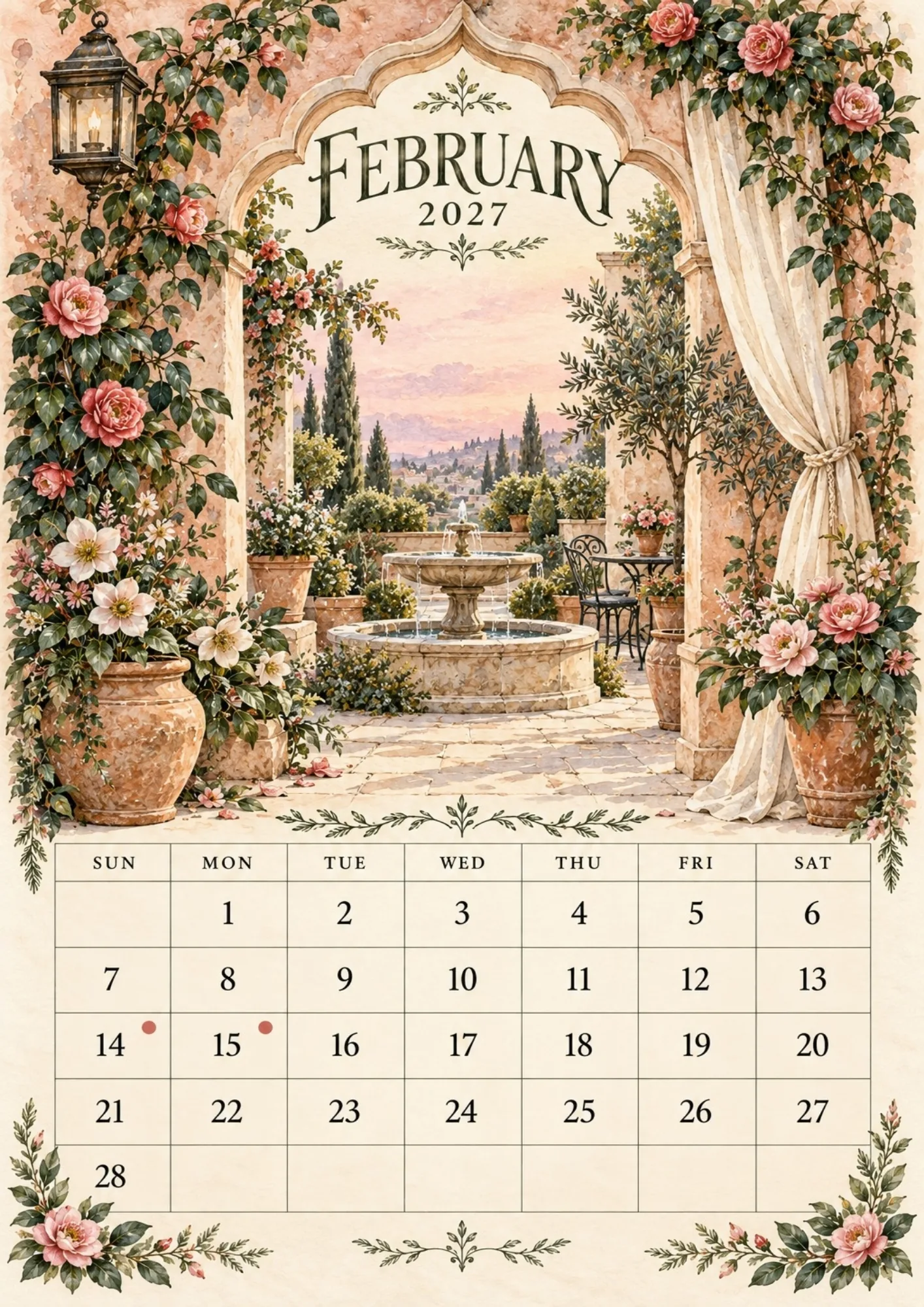 February 2027 monthly page featuring pink climbing roses, draped curtains, and a courtyard fountain.