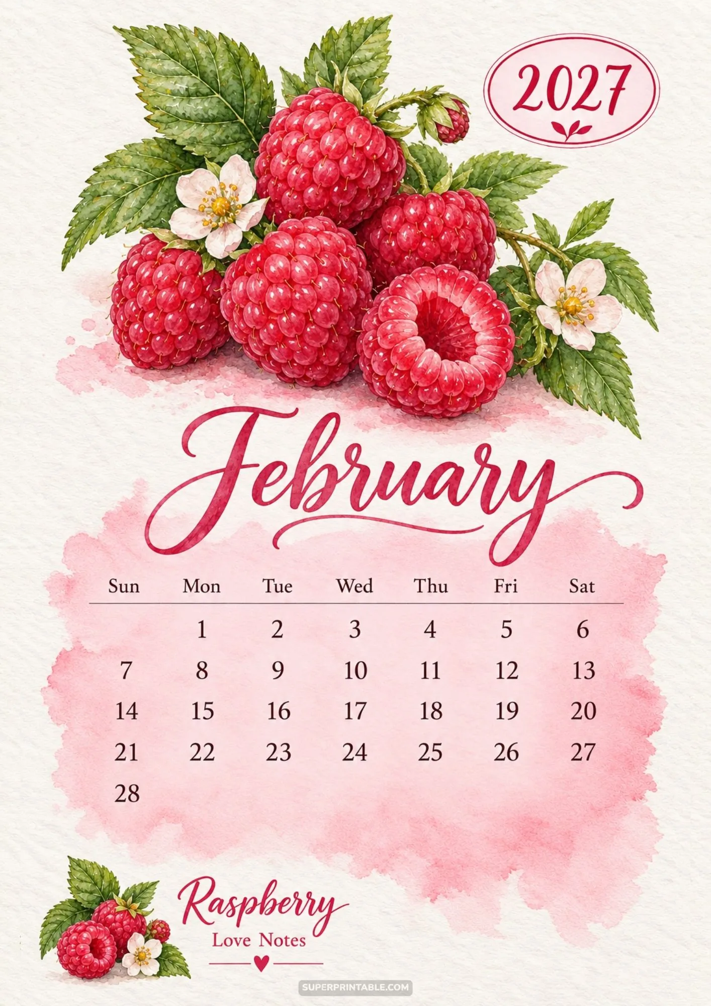 February calendar sheet decorated with detailed watercolor raspberries and fresh green leaves.