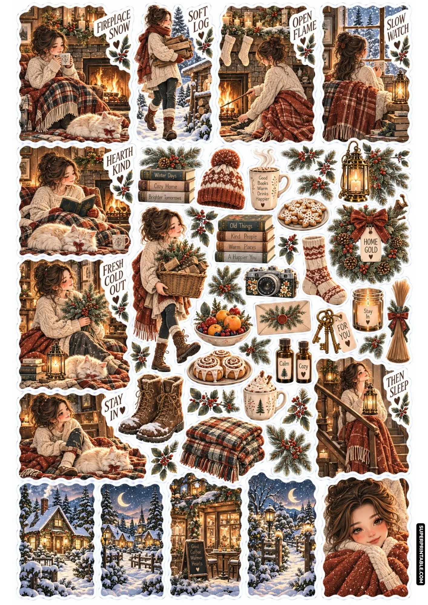 Fireside winter sticker sheet showing glowing fireplace logs, bundled blankets, and a sleeping cat