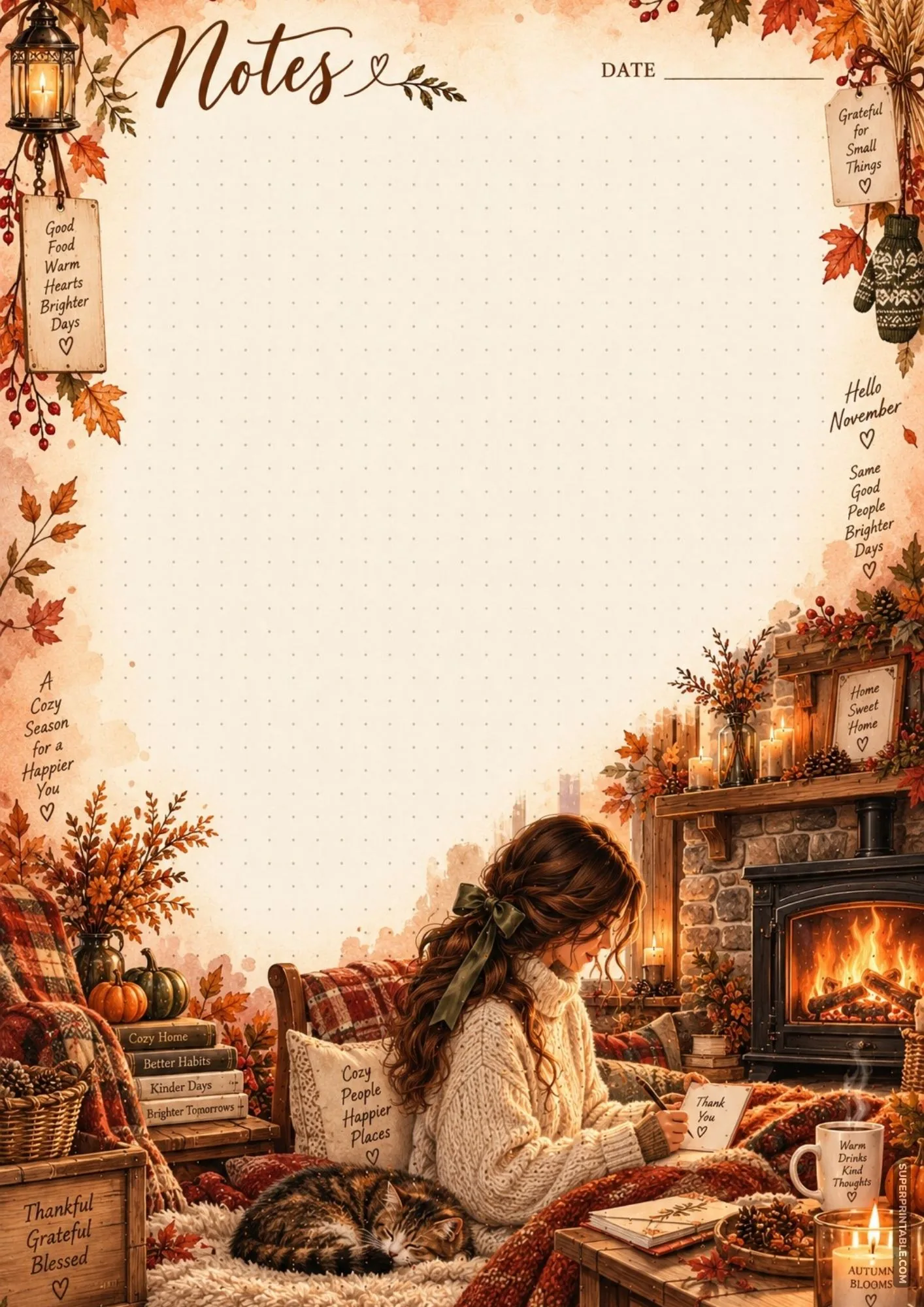 Autumn printable stationery page depicting a woman writing a thank-you note on floor cushions by a fireplace.