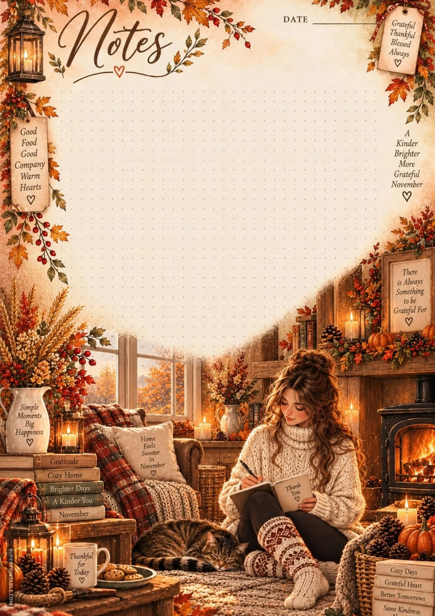 Fall dot grid memo template featuring a girl journaling by a glowing fireplace with cookies and fall greenery.