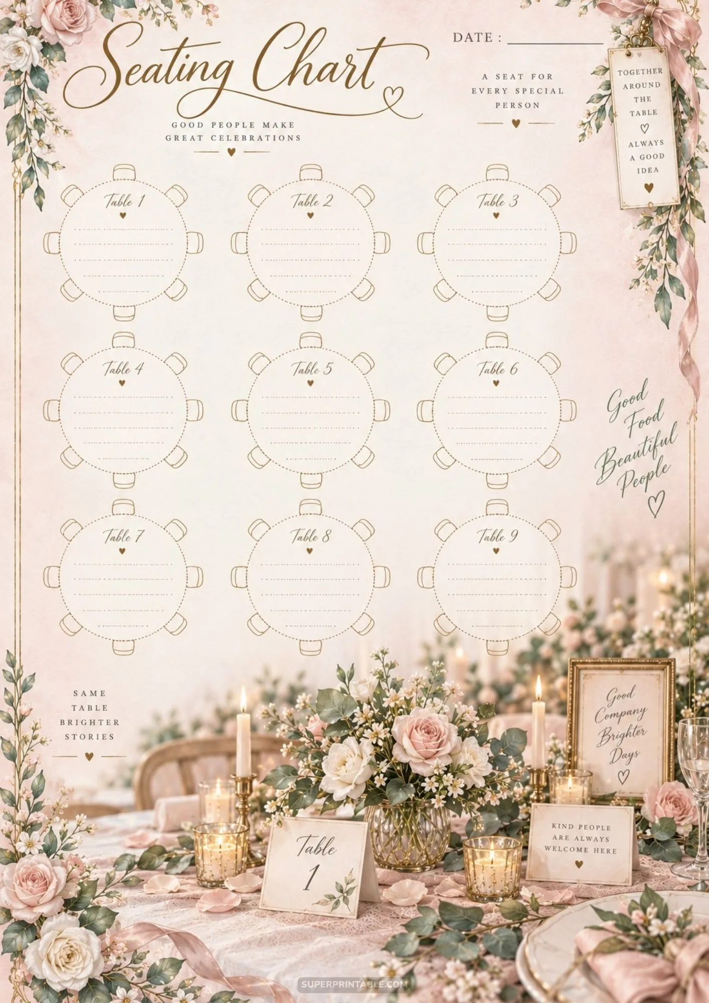 Printable wedding seating chart template featuring 9 round tables with elegant blush pink floral accents