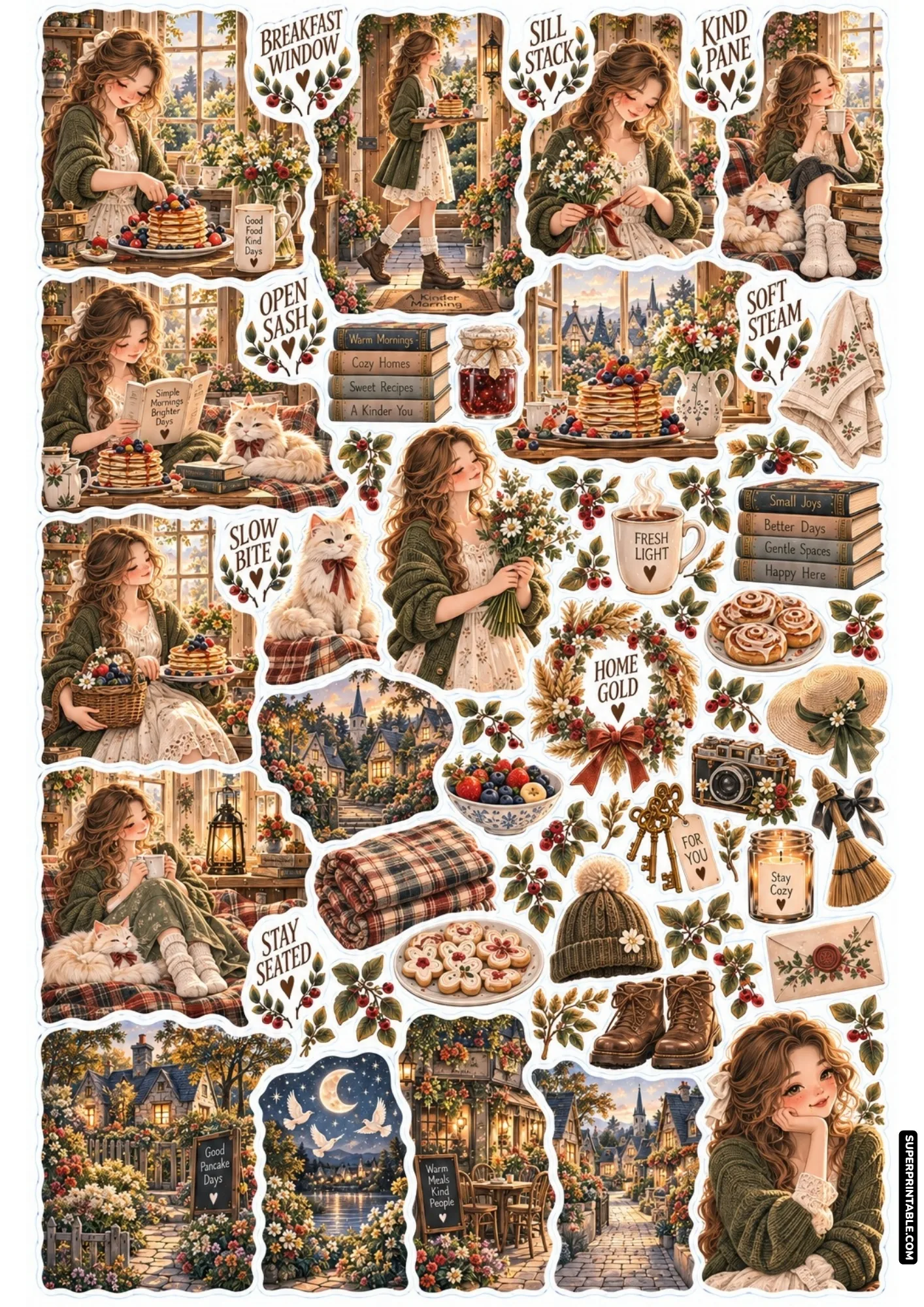 Forest cottage window sticker sheet with berry jam jars, fresh wildflowers, and cinnamon rolls