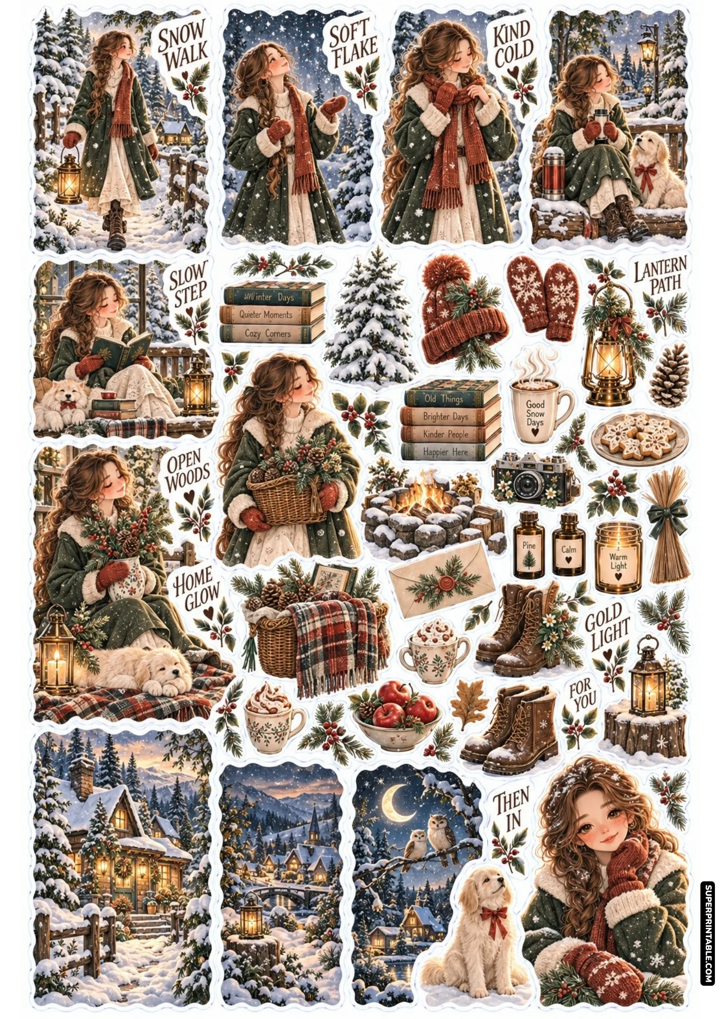 Winter forest sticker sheet showing an olive green coat, lantern walks, and a golden retriever puppy
