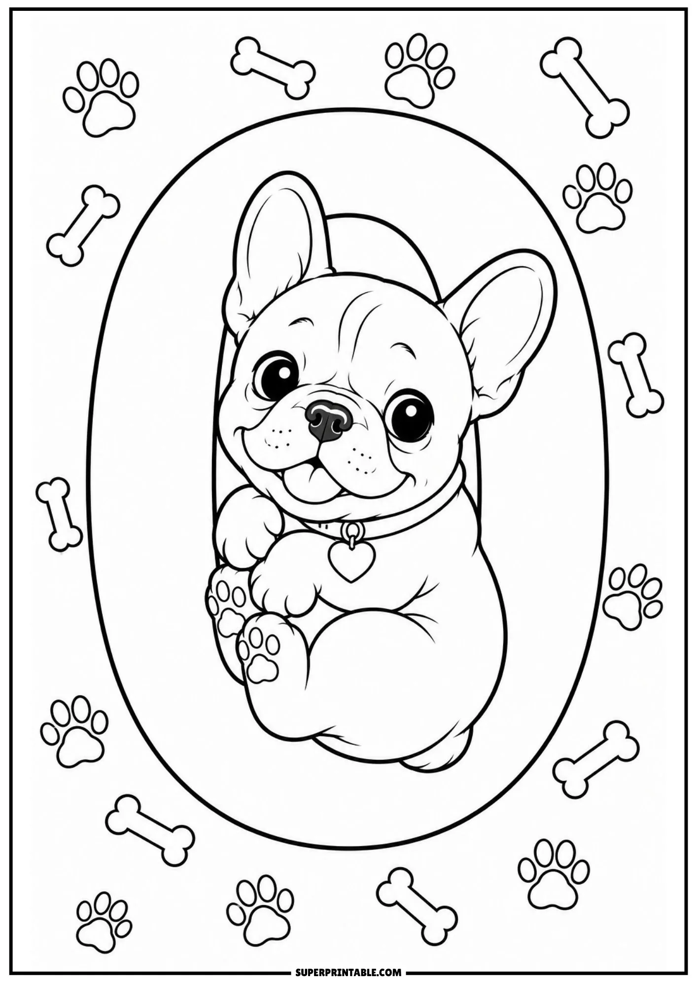 French bulldog numbers coloring pages featuring a puppy sitting inside a large numeral zero surrounded by paw prints.