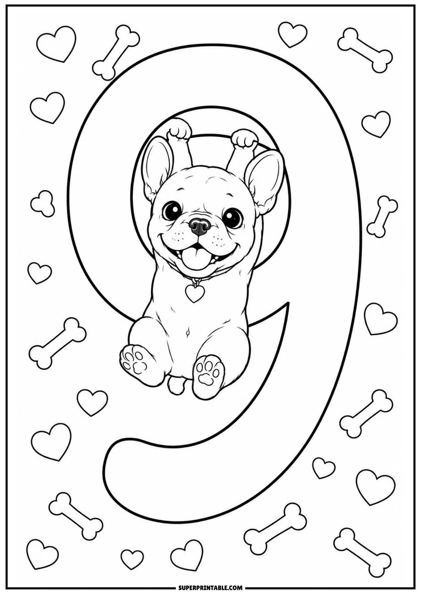 A energetic Frenchie puppy hanging from the inside top loop of a large number nine surrounded by floating hearts.