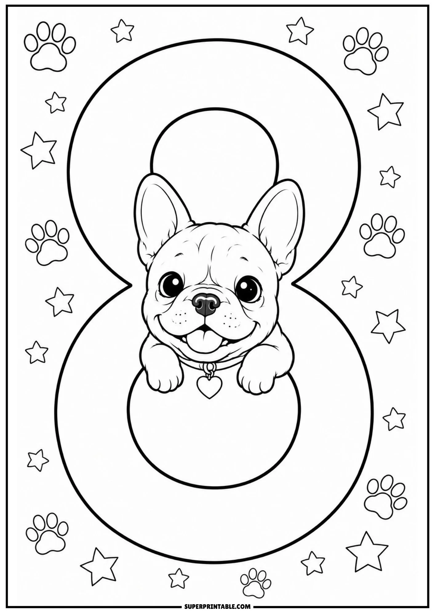 A playful French bulldog puppy peeking out from the center loop of a large number eight with floating stars.