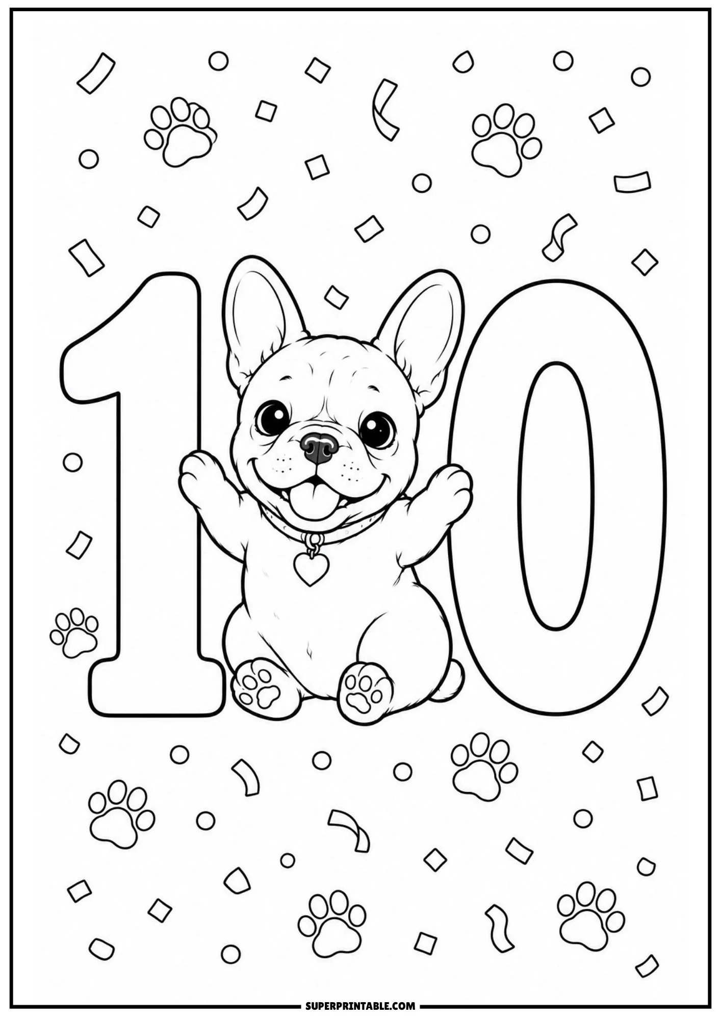 A joyful French bulldog sitting between the digits of a large number ten surrounded by festive confetti and paw prints.