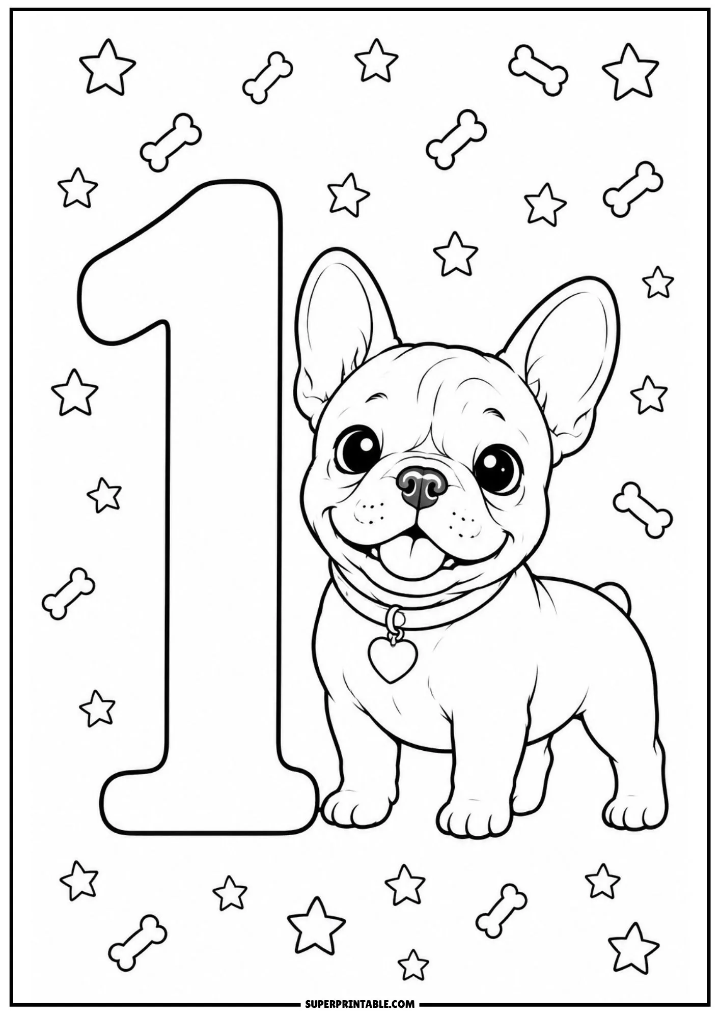 French bulldog numbers coloring pages showing a playful pup standing beside a large number one with star decorations.