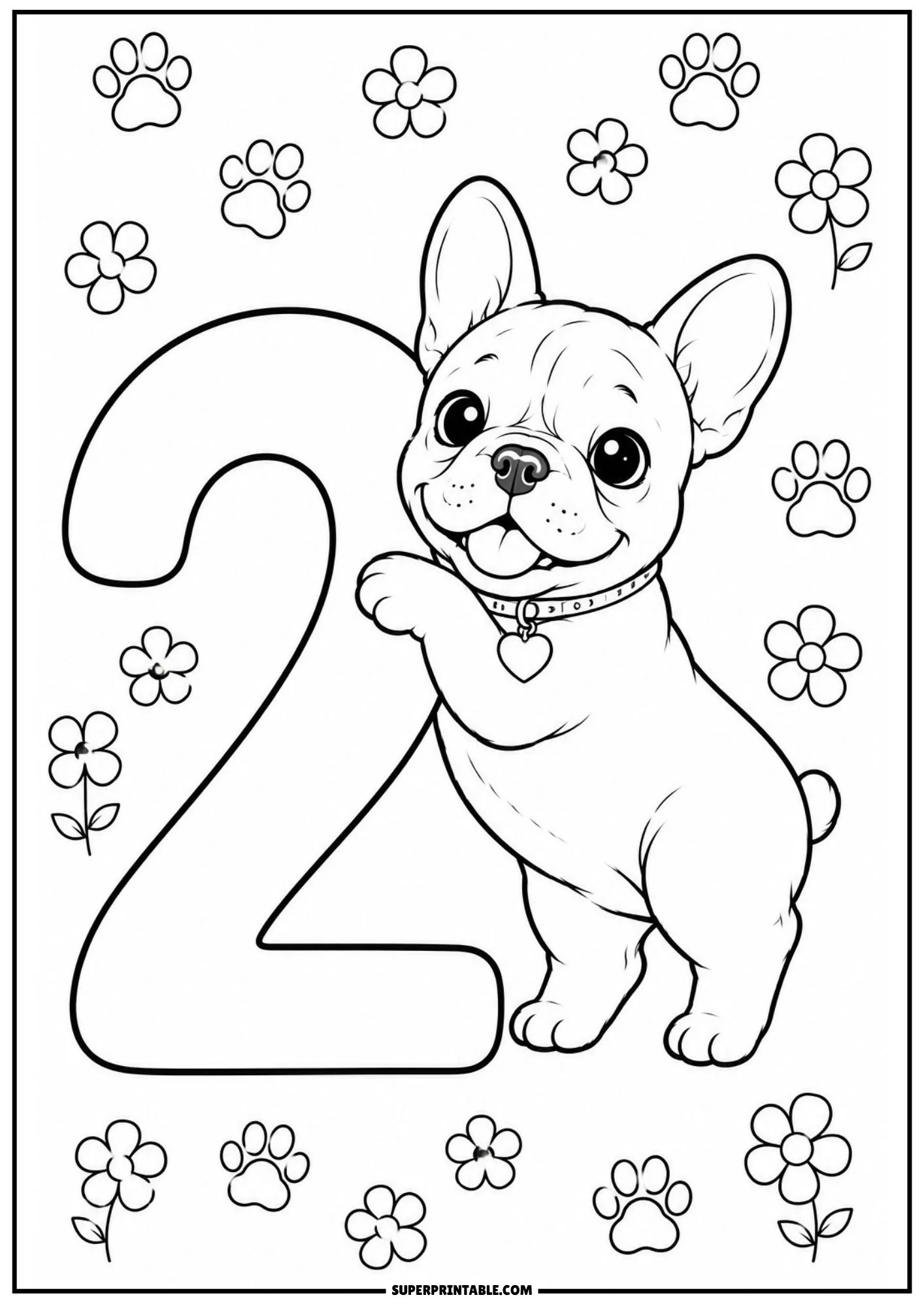 A cute French bulldog puppy standing up and resting paws against a large outline of the number two with flowers.
