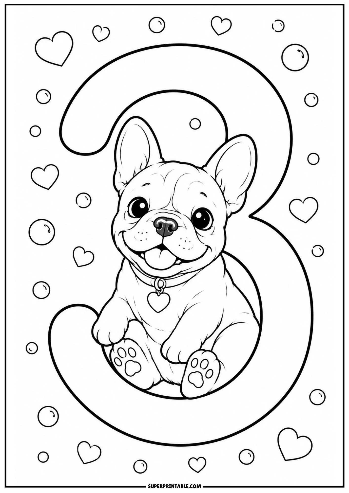 An adorable Frenchie puppy sitting cozy inside the curve of the number three surrounded by hearts and floating bubbles.