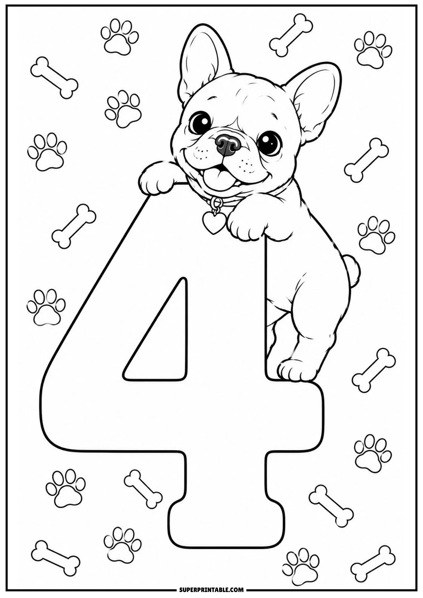 A friendly French bulldog puppy holding onto the top of a large number four coloring sheet with background paw prints.
