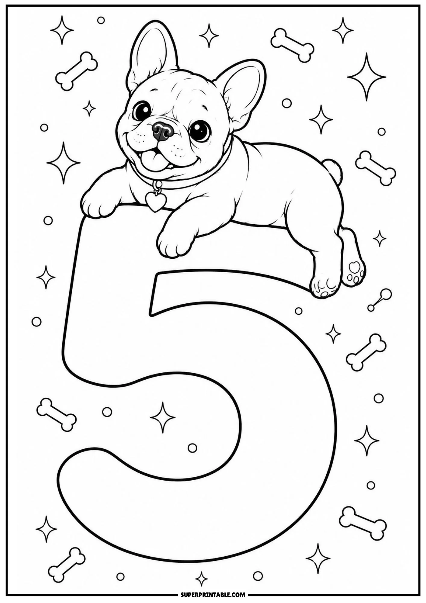A happy Frenchie puppy resting across the top of a giant number five outline decorated with floating bones and stars.