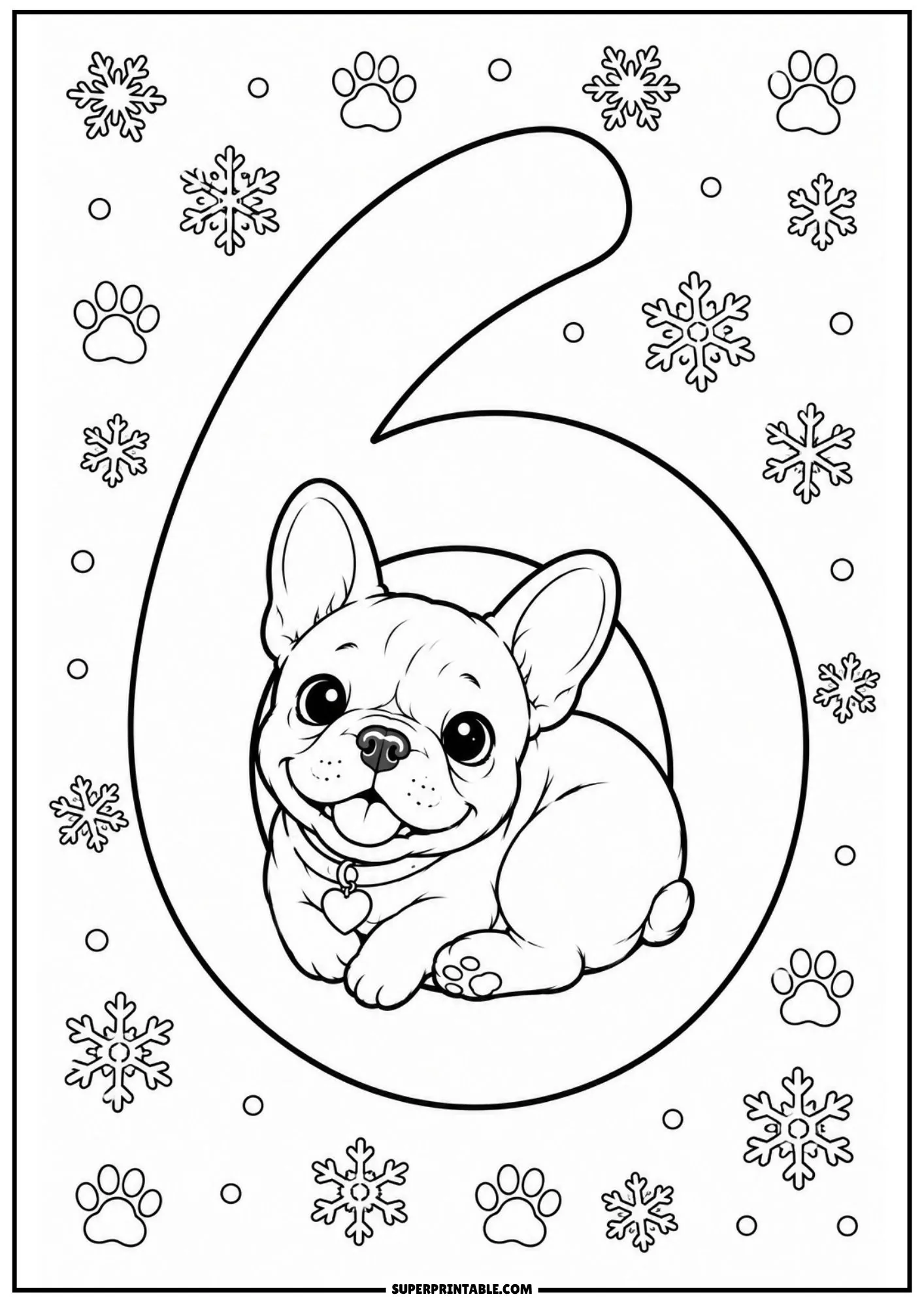 A smiling French bulldog pup nestled inside the circular loop of a number six surrounded by snowflake patterns.