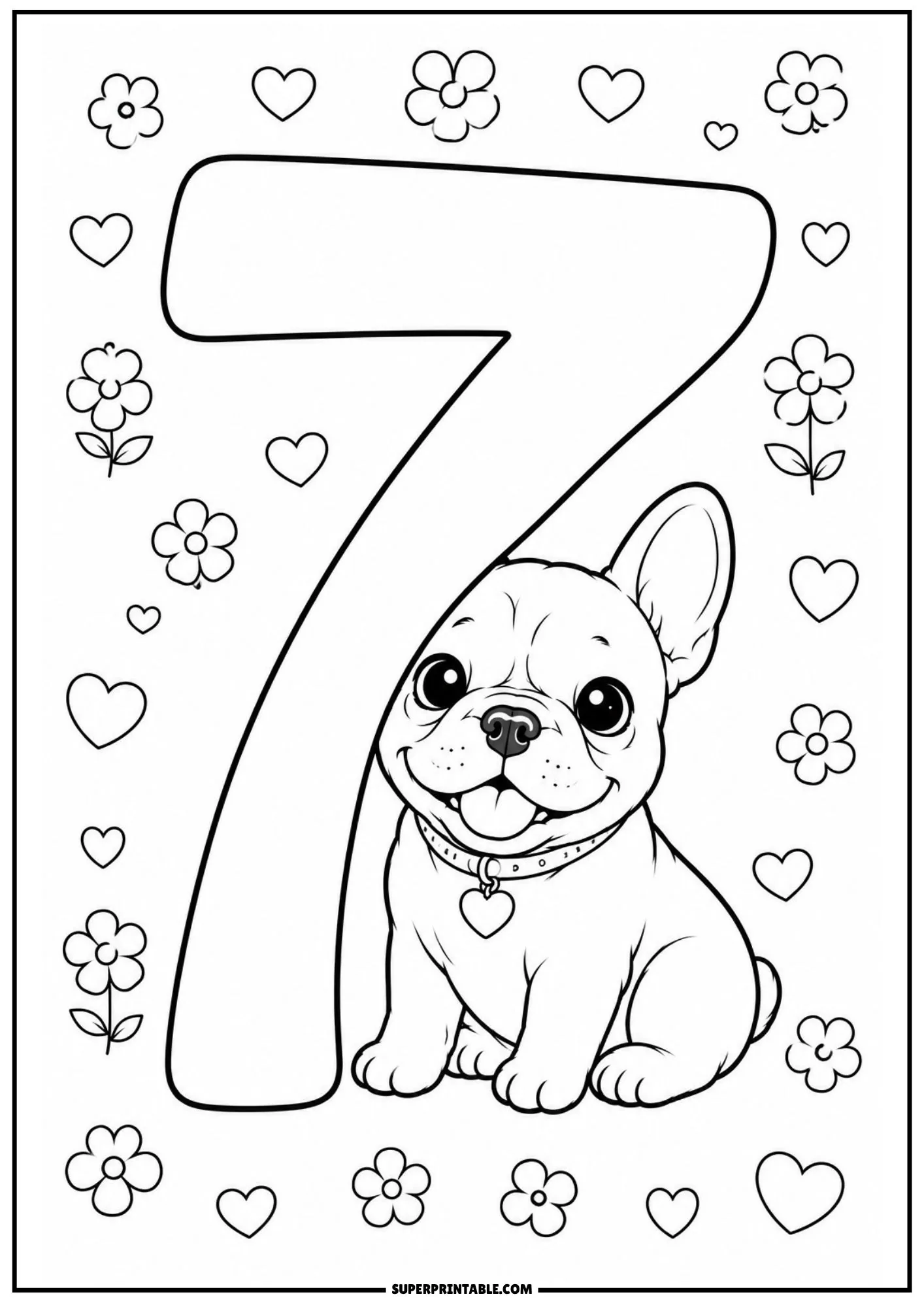 A cute Frenchie puppy seated in front of a giant number seven outline with scattered flowers and heart shapes.