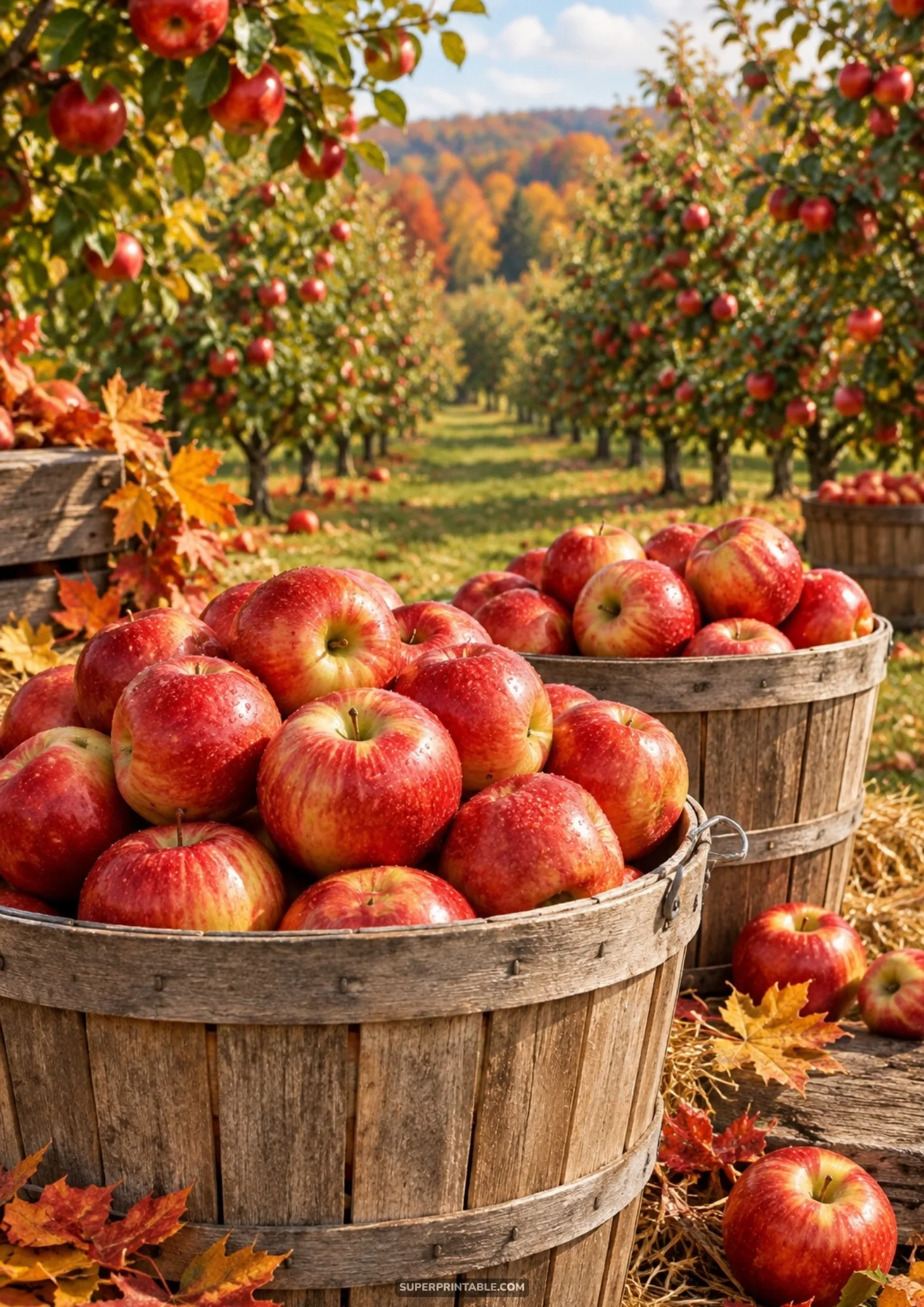 Rustic wooden bushel baskets filled to the brim with ripe red apples in a sunny autumn orchard