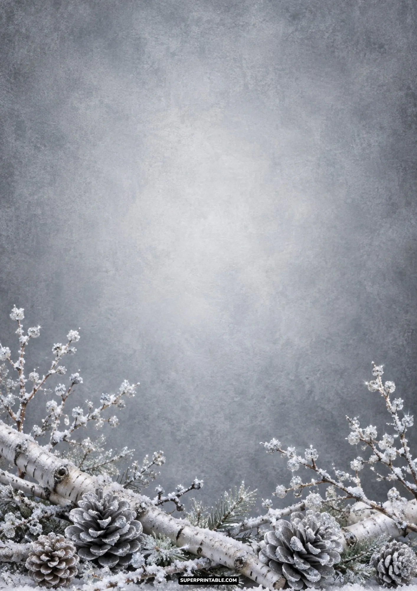 Sparkling frosted pinecones, birch logs, and glitter-tipped branches along the lower border of a gray background