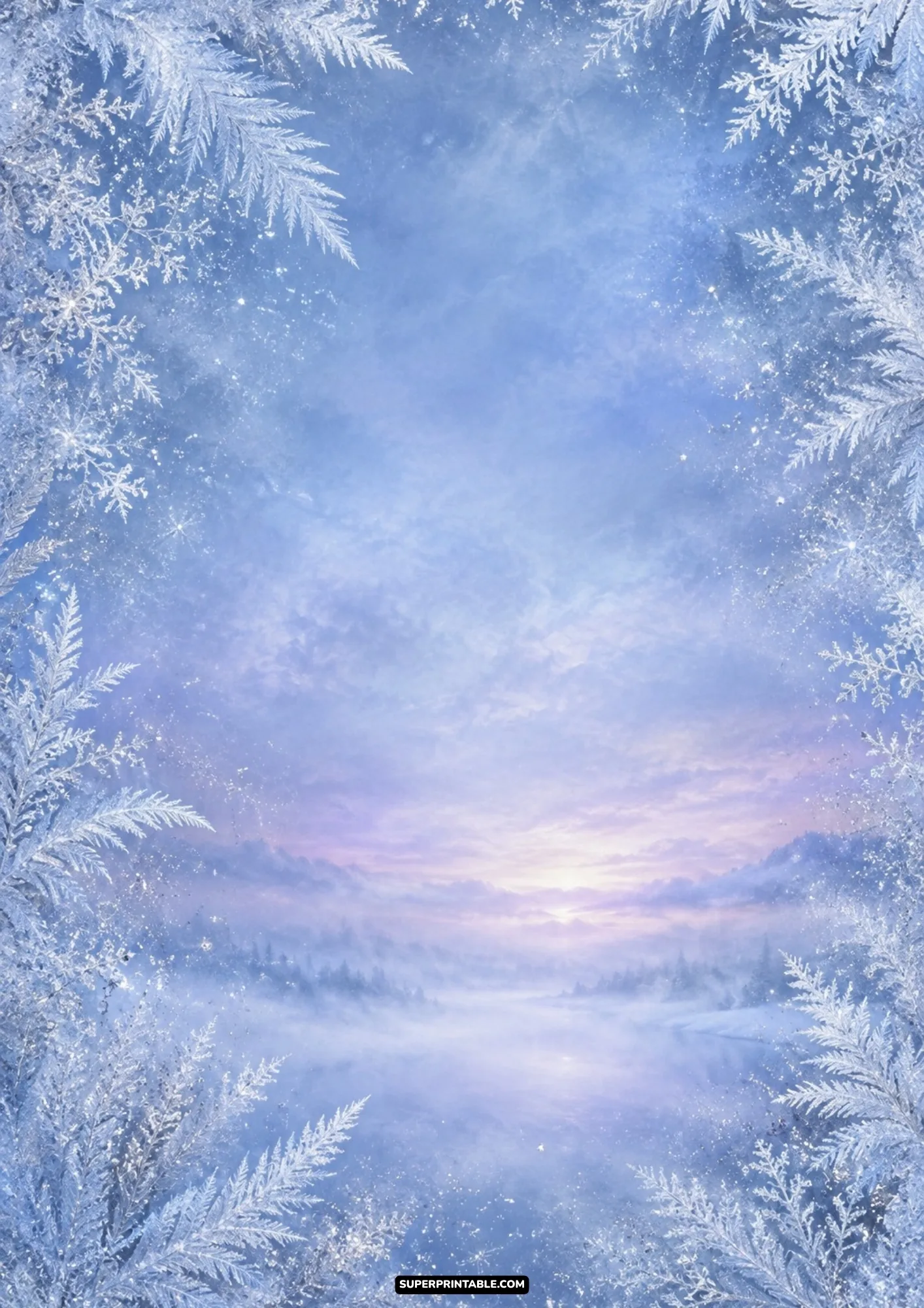 Decorative frosted ice backgrounds frame with fern frost crystals overlooking a tranquil winter lake at dawn