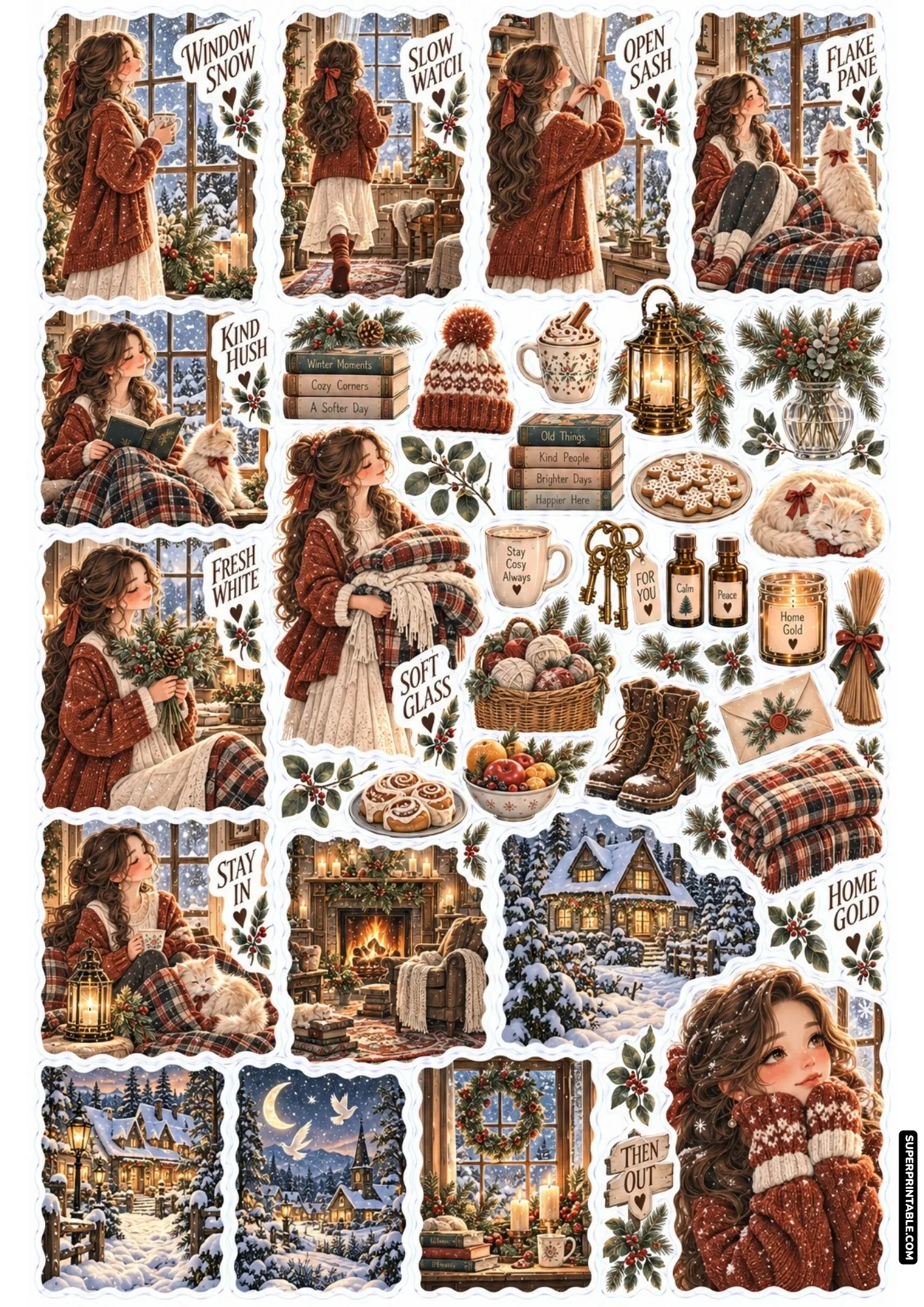Cozy cabin window sticker sheet with frosted glass panes, evergreen wreaths, and folded plaid quilts