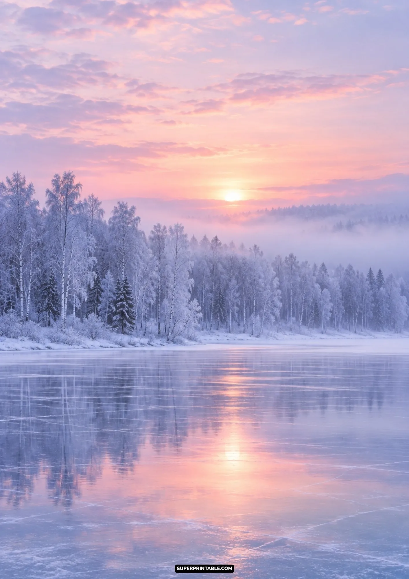 Pastel pink and orange sunrise glowing behind frosted forest trees and reflecting on a glassy frozen winter lake