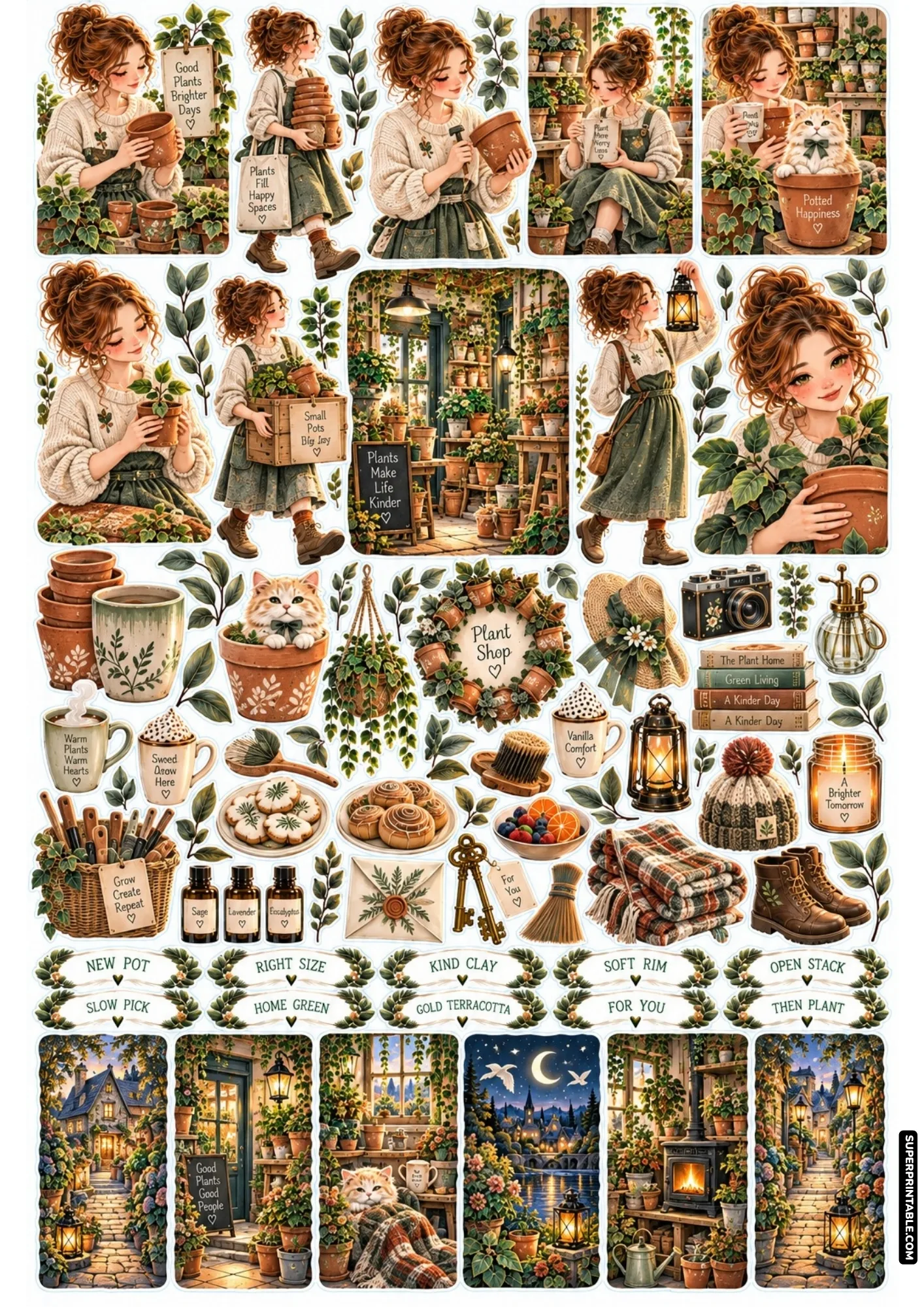 Terracotta flowerpots, seedling planters, gardening boots, and greenhouse potting stickers.