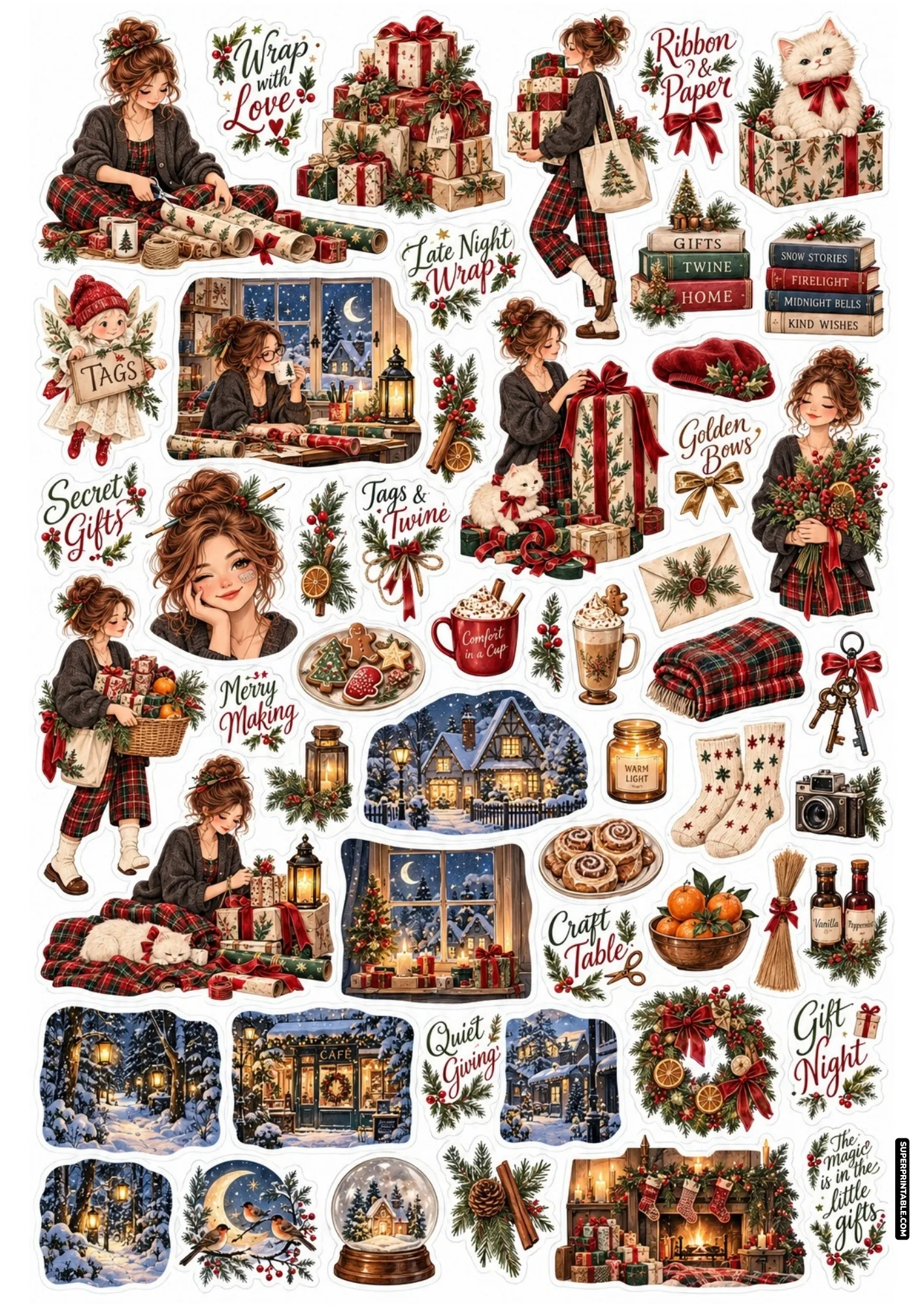 Holiday gift wrapping stickers showing festive parcels, craft paper rolls, ribbon spools, and gift tags.
