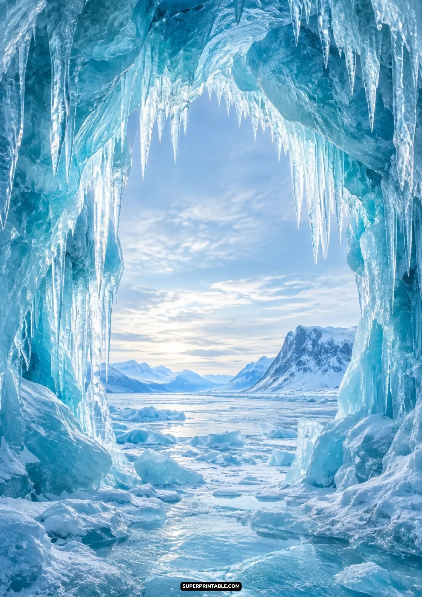 Glacial ice cave with hanging frozen icicles looking out across ice floes toward distant sunlit snowy mountains