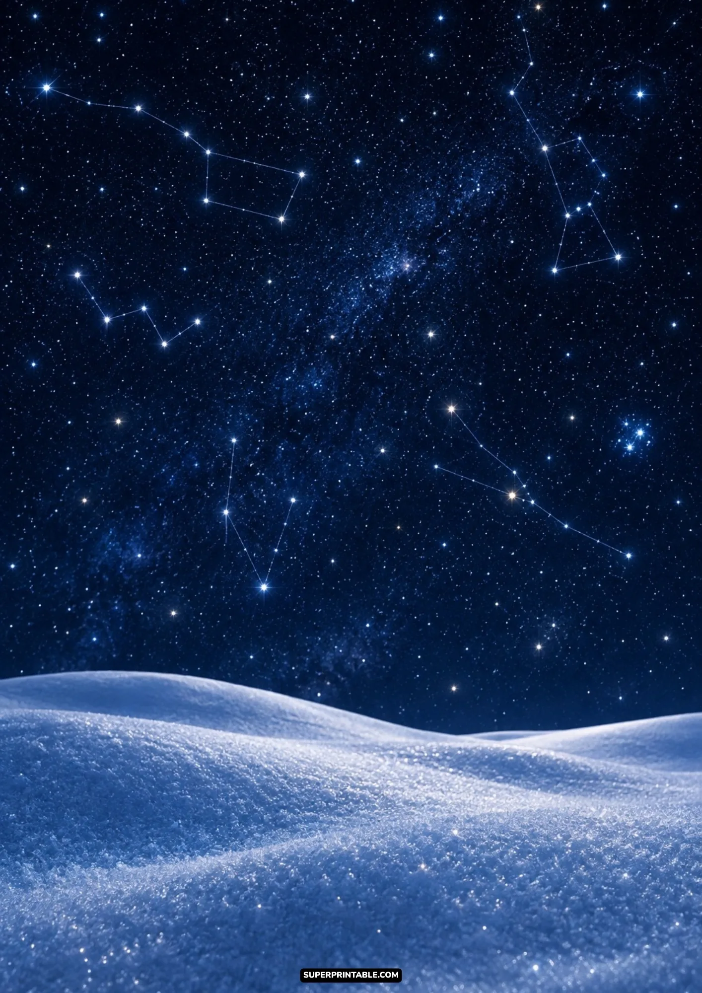 Sparkling blue snow dunes beneath a deep midnight sky illuminated by geometric winter star constellations