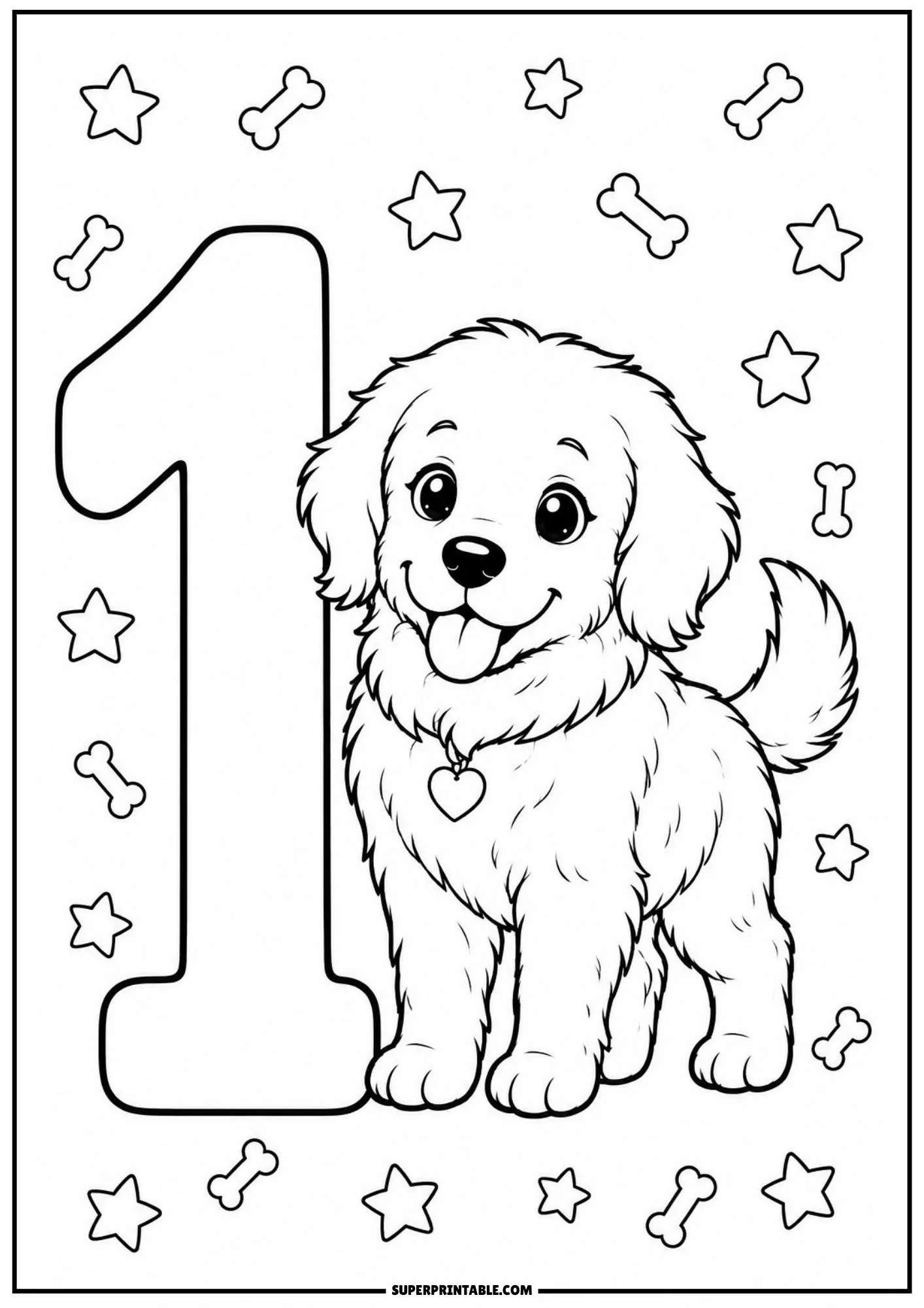 Cute golden retriever puppy standing beside a large number one with stars and bones.