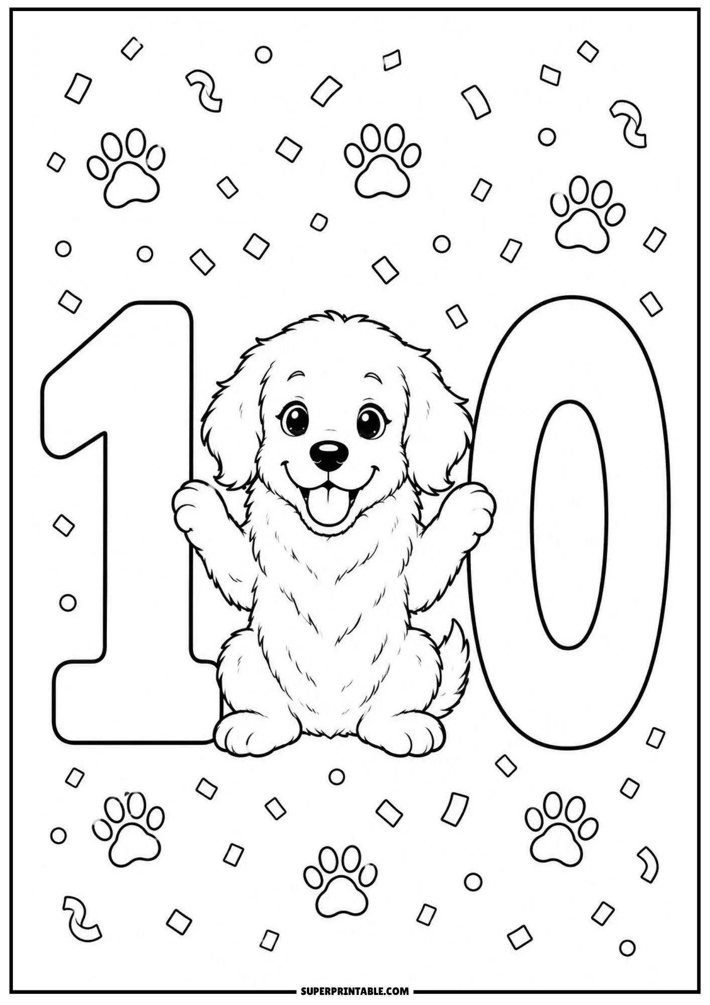 Smiling golden retriever puppy celebrating between the digits of number ten.